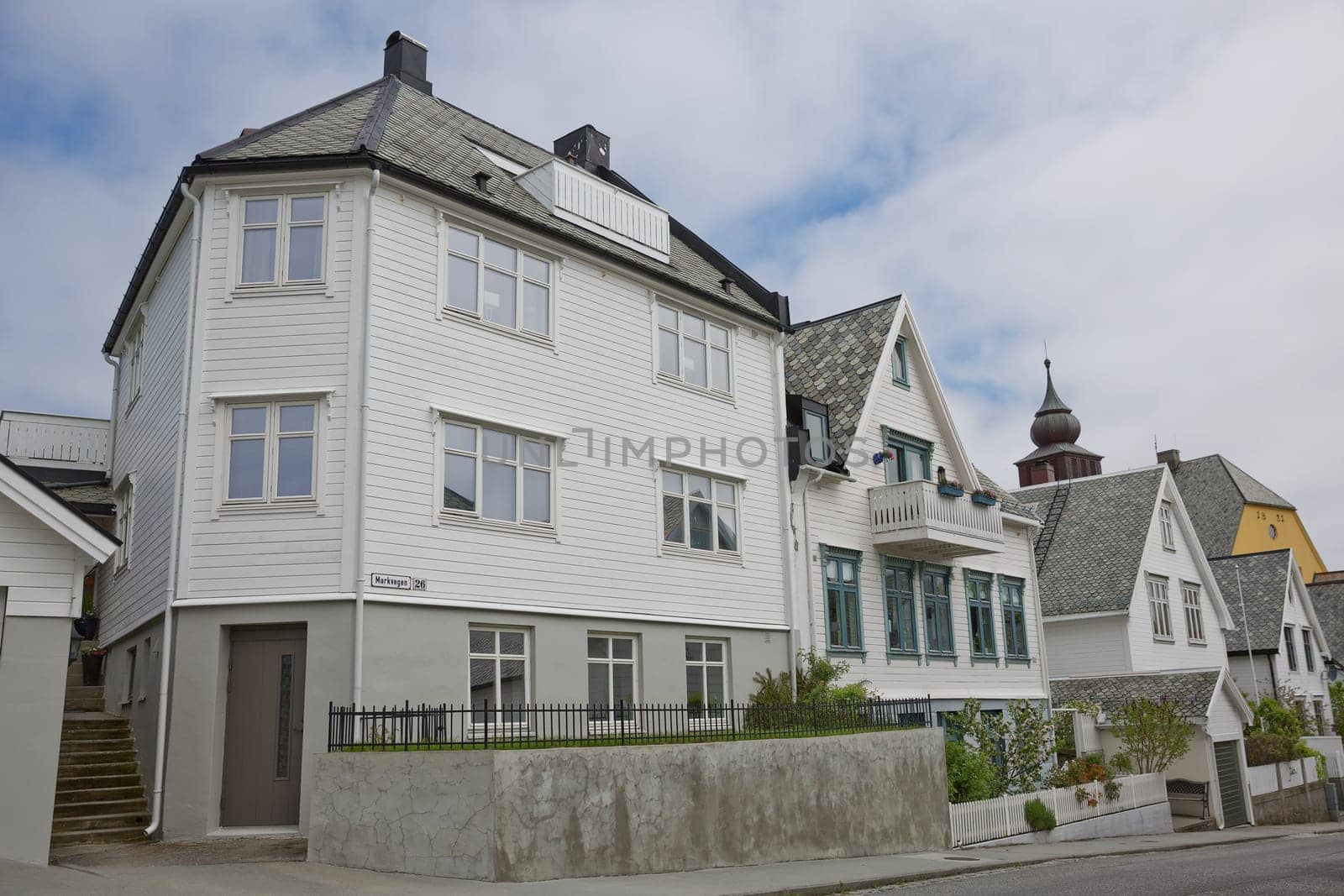 ALESUND, NORWAY - MAY 29, 2017: Buildings architecture Jugendstil (or better known as Art Nouveau). City of Alesund in Norway  was rebuild completely in 1904 to 1907.