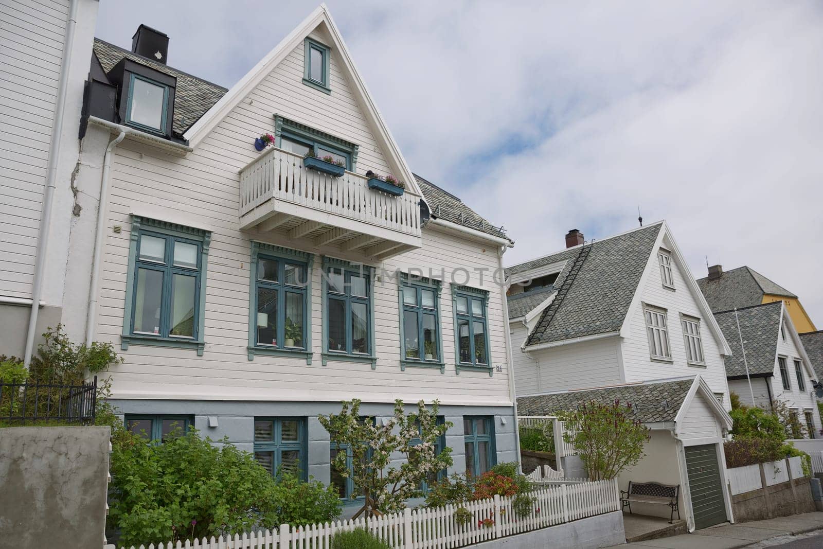 ALESUND, NORWAY - MAY 29, 2017: Buildings architecture Jugendstil (or better known as Art Nouveau). City of Alesund in Norway  was rebuild completely in 1904 to 1907.