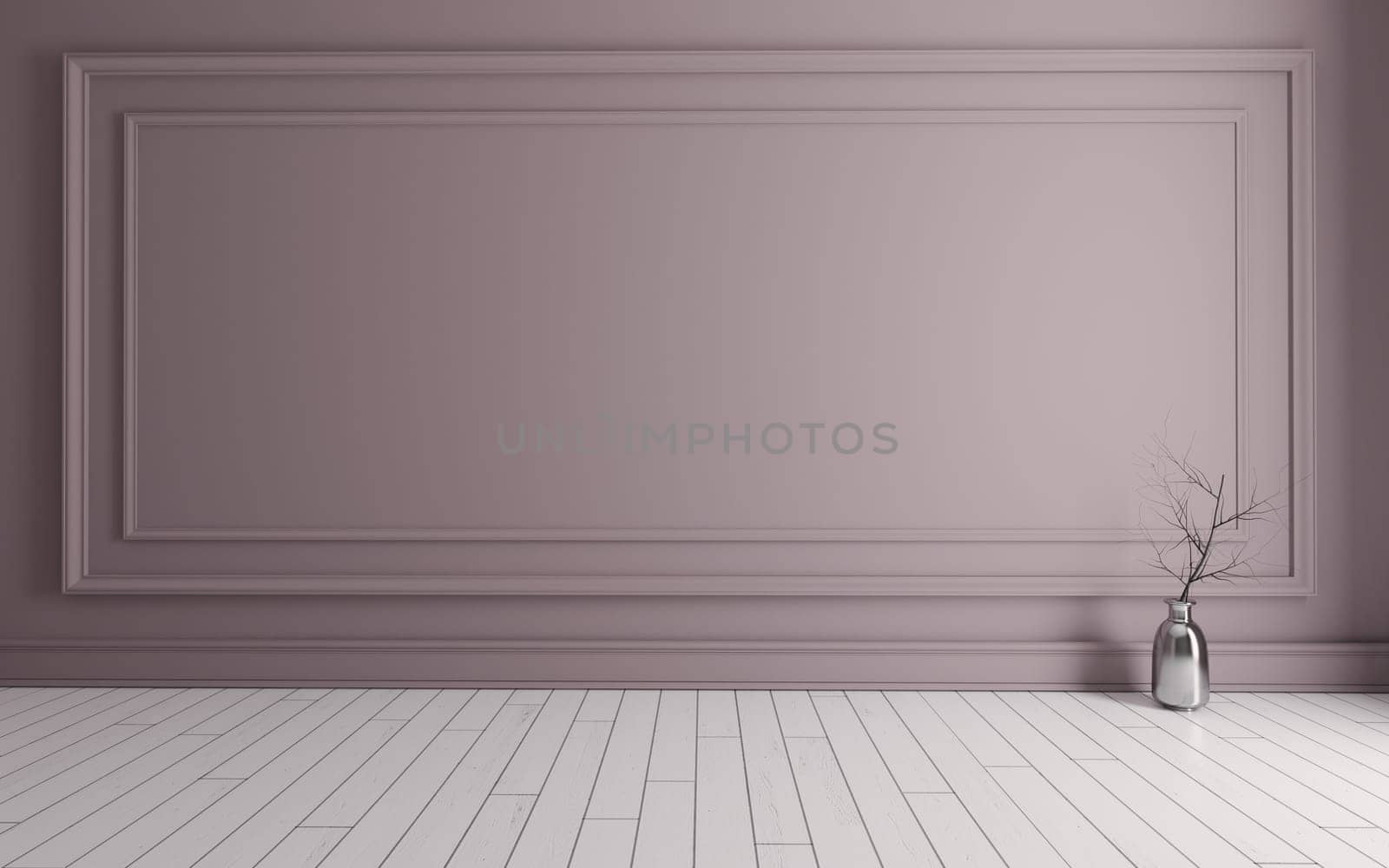 Empty room with Modern classic pink wall panels, metalic vase, dry plant and white wooden floor 3d rendering