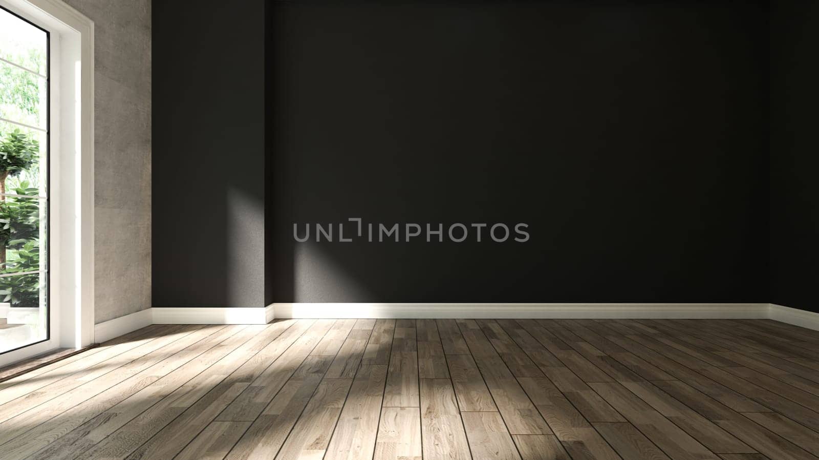 black and concrete wall empty room interior design with wooden floor 3d rendering