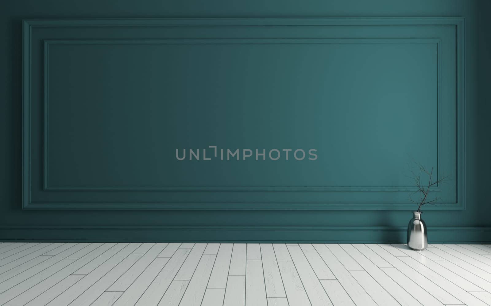 Empty room with Modern classic green wall panels, metalic vase, dry plant and white wooden floor 3d rendering