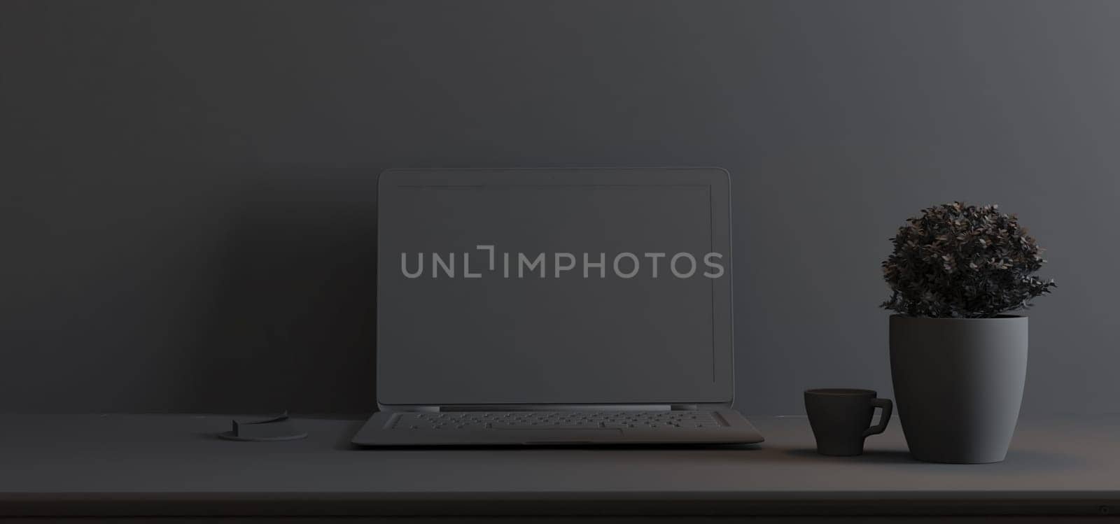 Work space stand mock up with table and plant, laptop, cup  sticker front wall single color 3D rendering