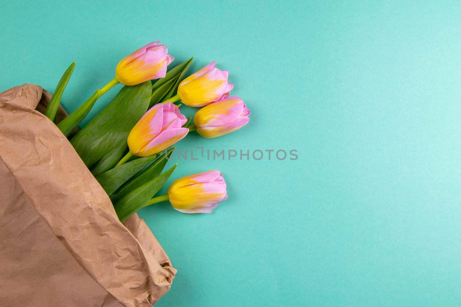 Bouquet of yellow tulip flowers in brown paper bag on mint background.
