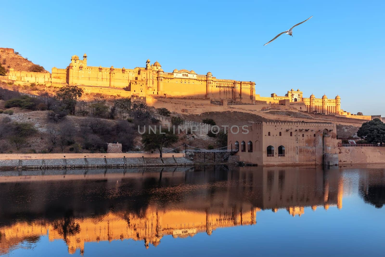 Amber Fort full view from the lake, Jaipur, India.