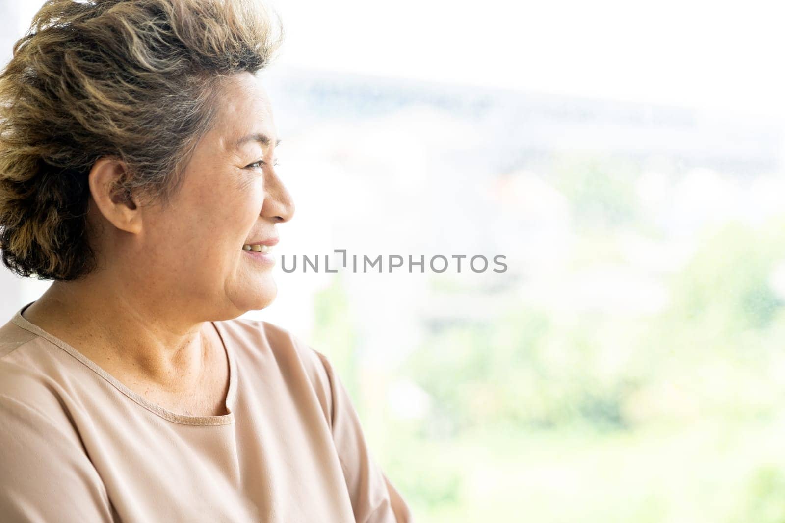 Portrait of happy and smile elderly senior adult female standing beside window in domestic living room - recovery and rehabilitation concept
