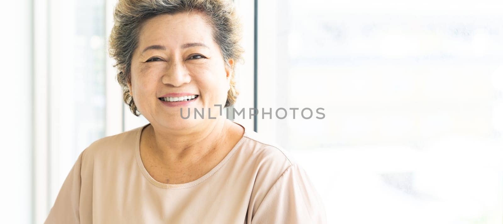 Portrait of happy and smile elderly senior adult female standing beside window in domestic living room - recovery and rehabilitation concept. web banner panoramic.