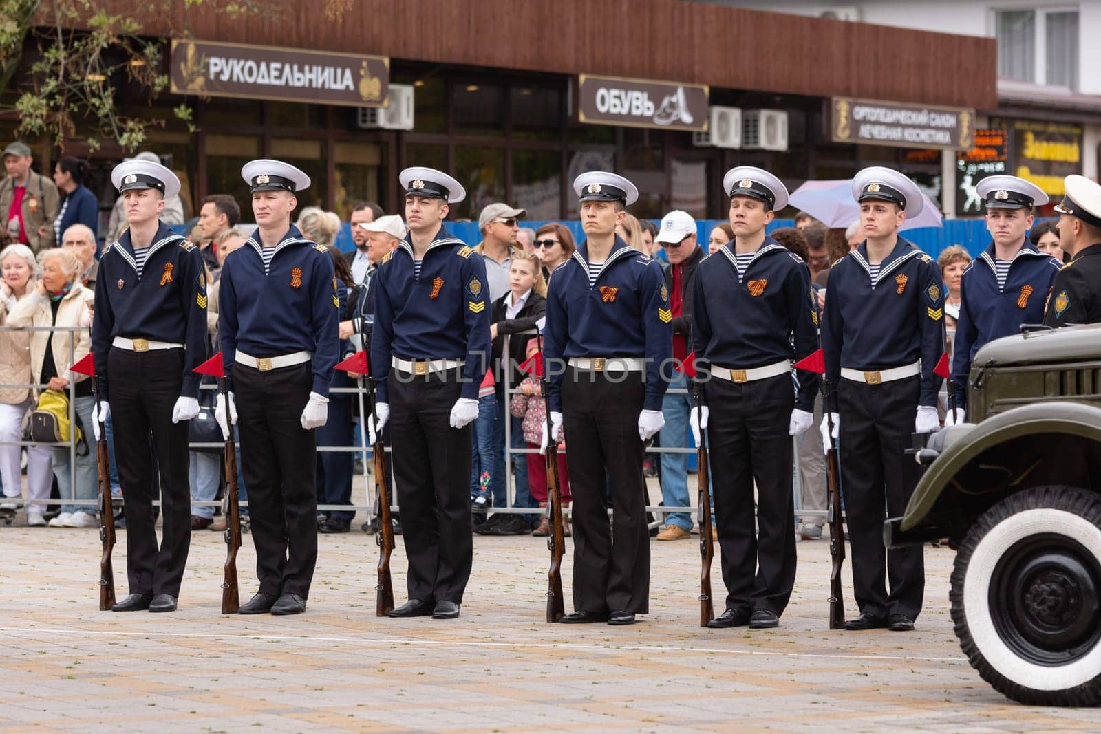 Anapa, Russia - May 9, 2019: The construction of sailors in the parade in honor of Victory Day on May 9 in Anapa Russia