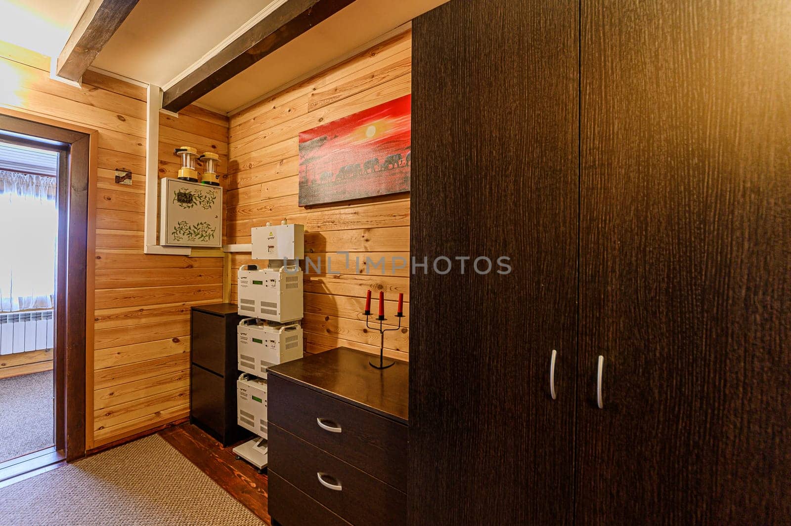 Russia, Moscow- November 15, 2019: electrical equipment for voltage stabilization in the interior design of a country house