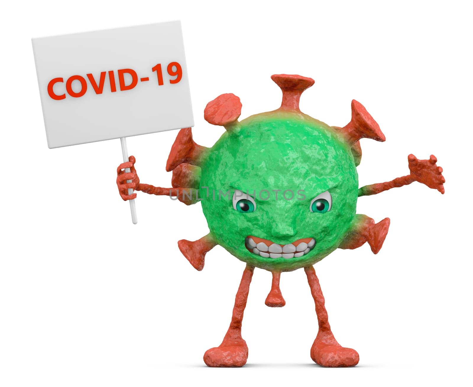 Red-green evil coronovirus holds a sign with the inscription COVID-19. 3D render.