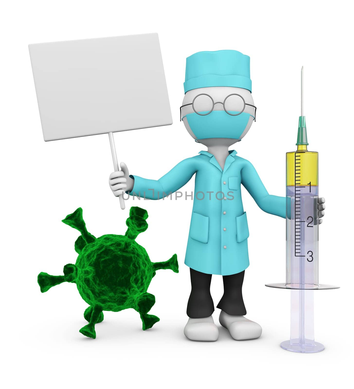 A masked doctor with a syringe is holding a signboard next to the coronovirus. 3d render.