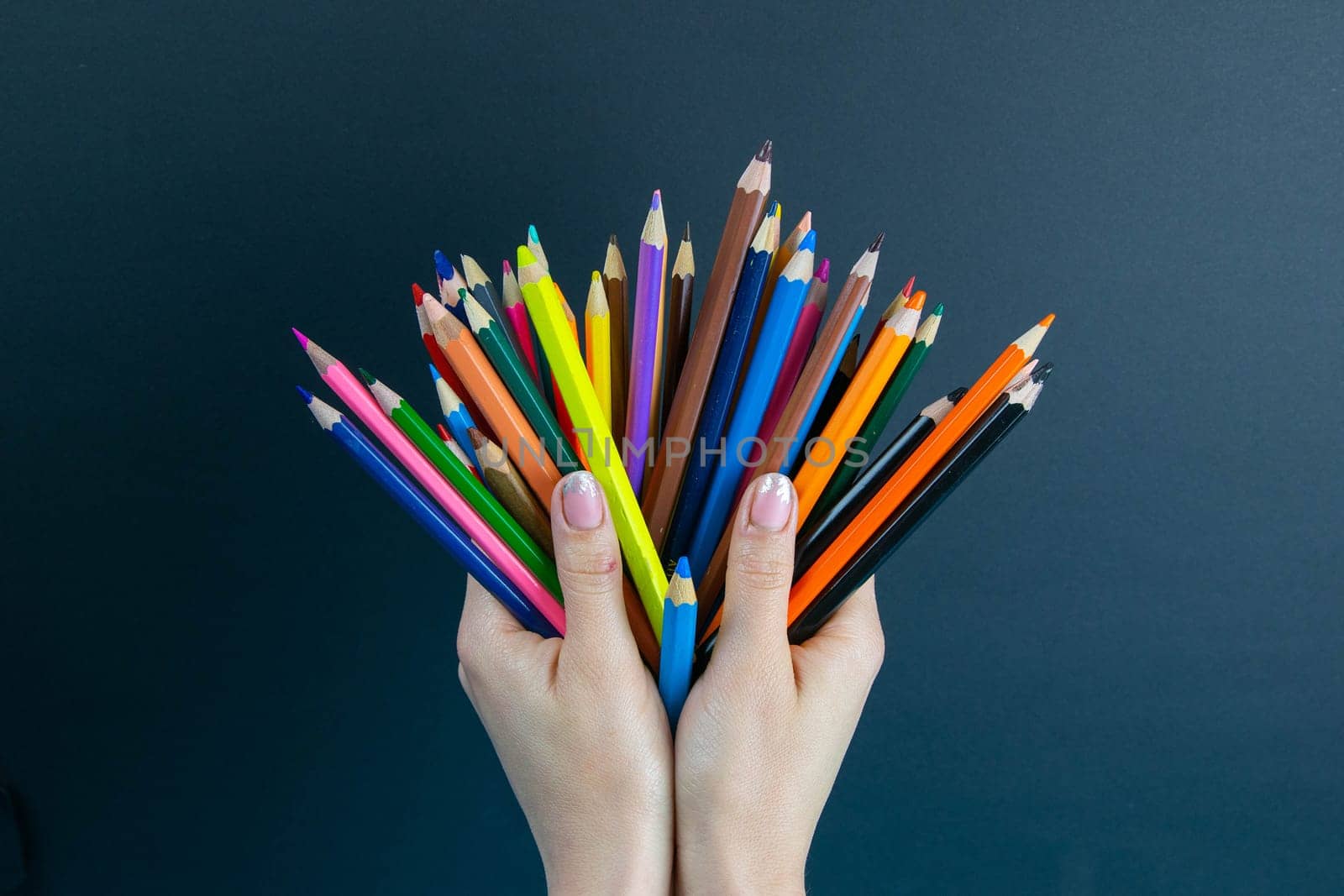bunch of colored pencils in hand. A woman's hand holds a set of colored pencils on a black background.