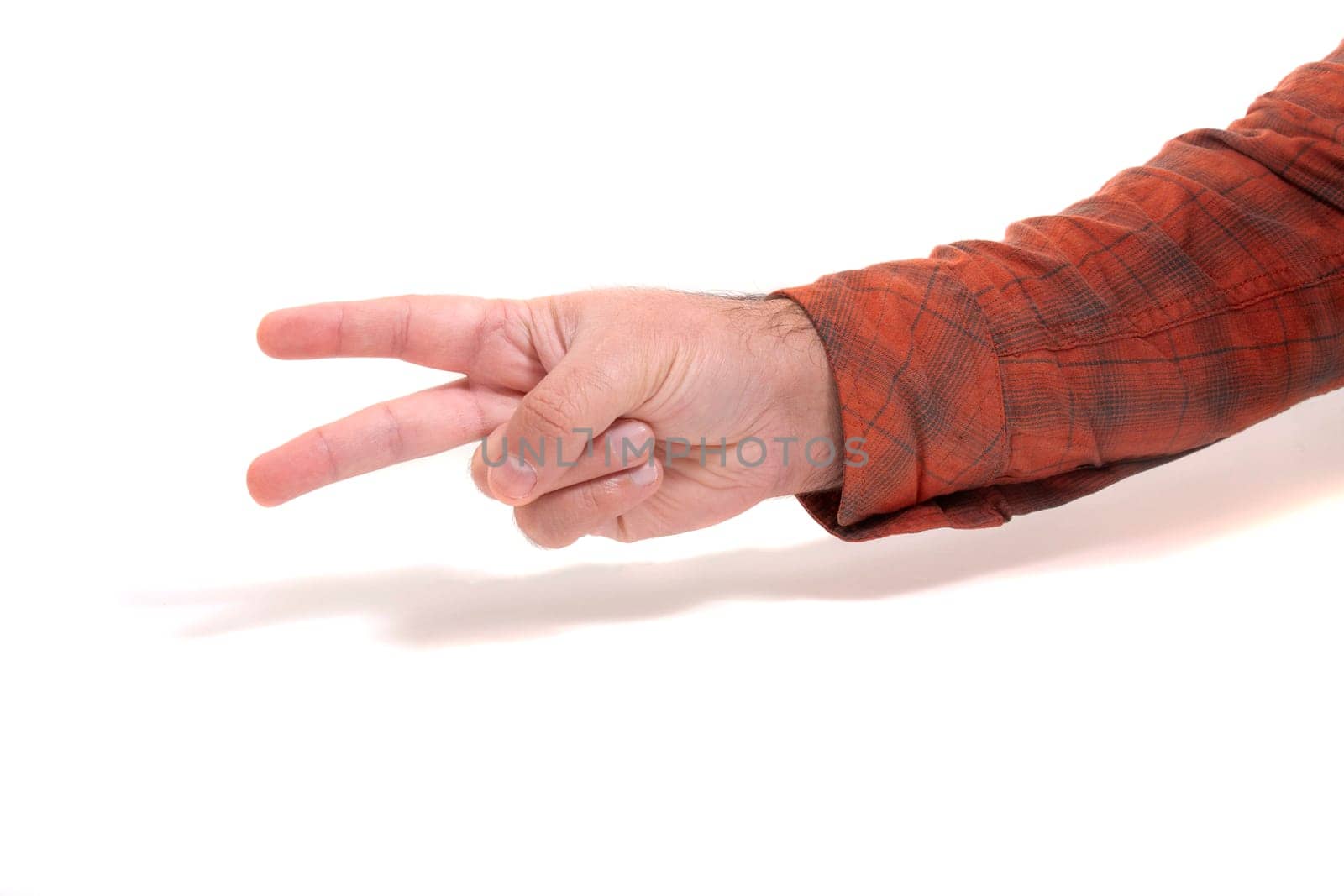 male hand closeup concept meaning two fingers isolated on a white background.