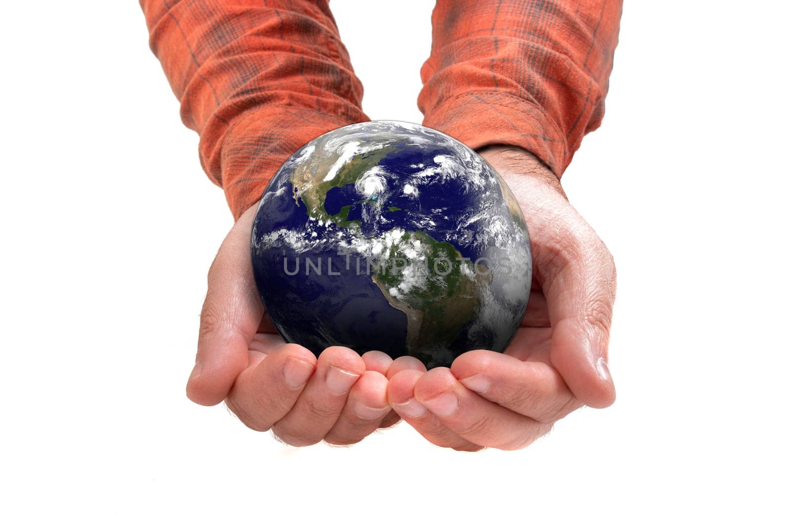 man hands holding Planet Earth on a white background. Some Elements of this image furnished by NASA.