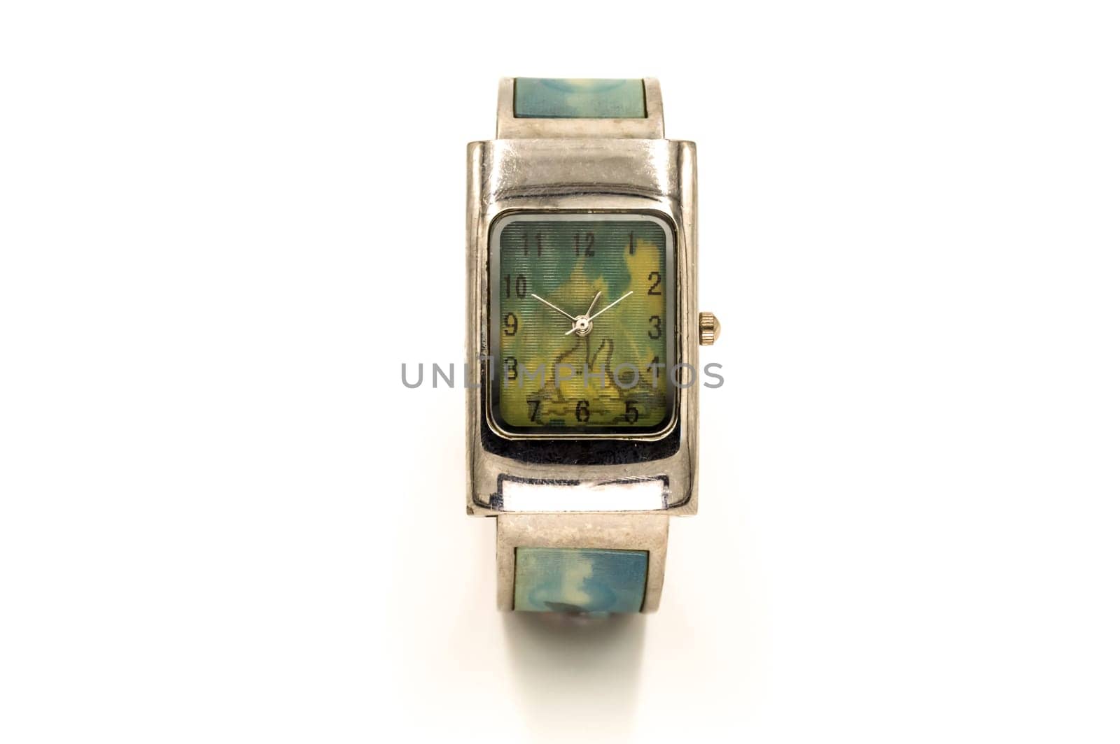 Lady's watch with a dolphin in the background on a white background