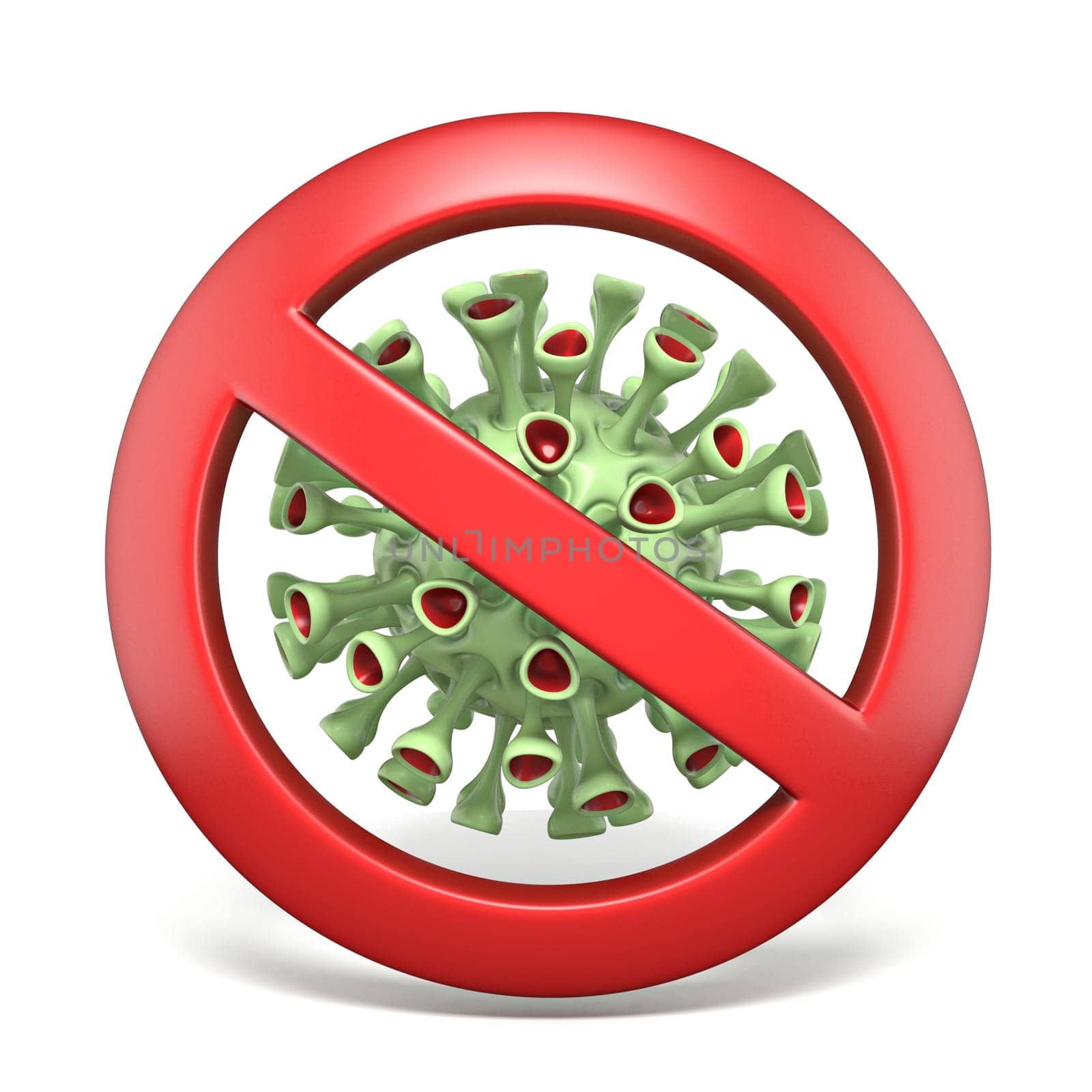 Forbidden sign over virus 3D render illustration isolated on white background