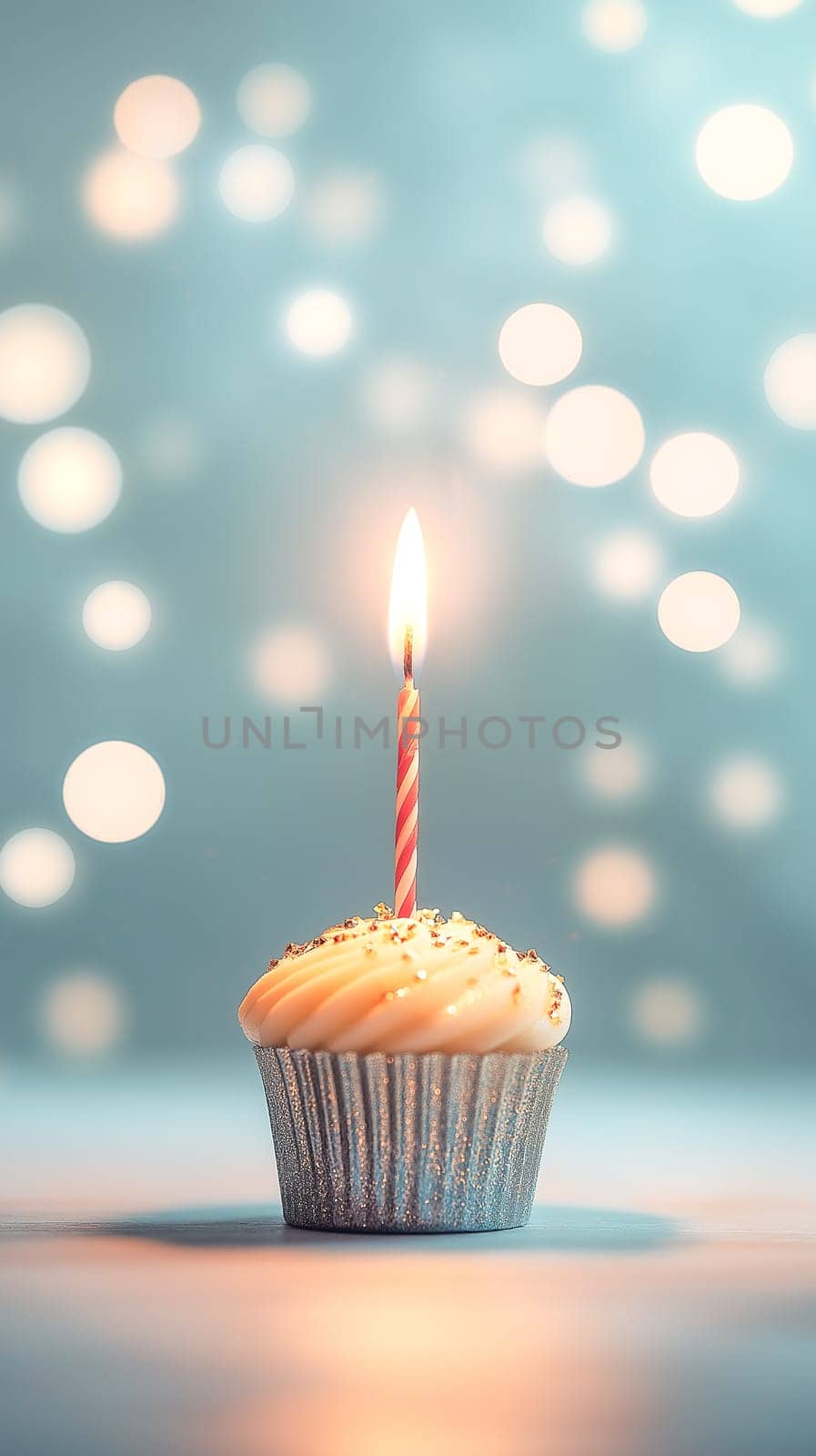 A single birthday cupcake, adorned with a lit candle and gold sprinkles, celebrates a special occasion. The soft lighting and bokeh effect enhance the festive mood.