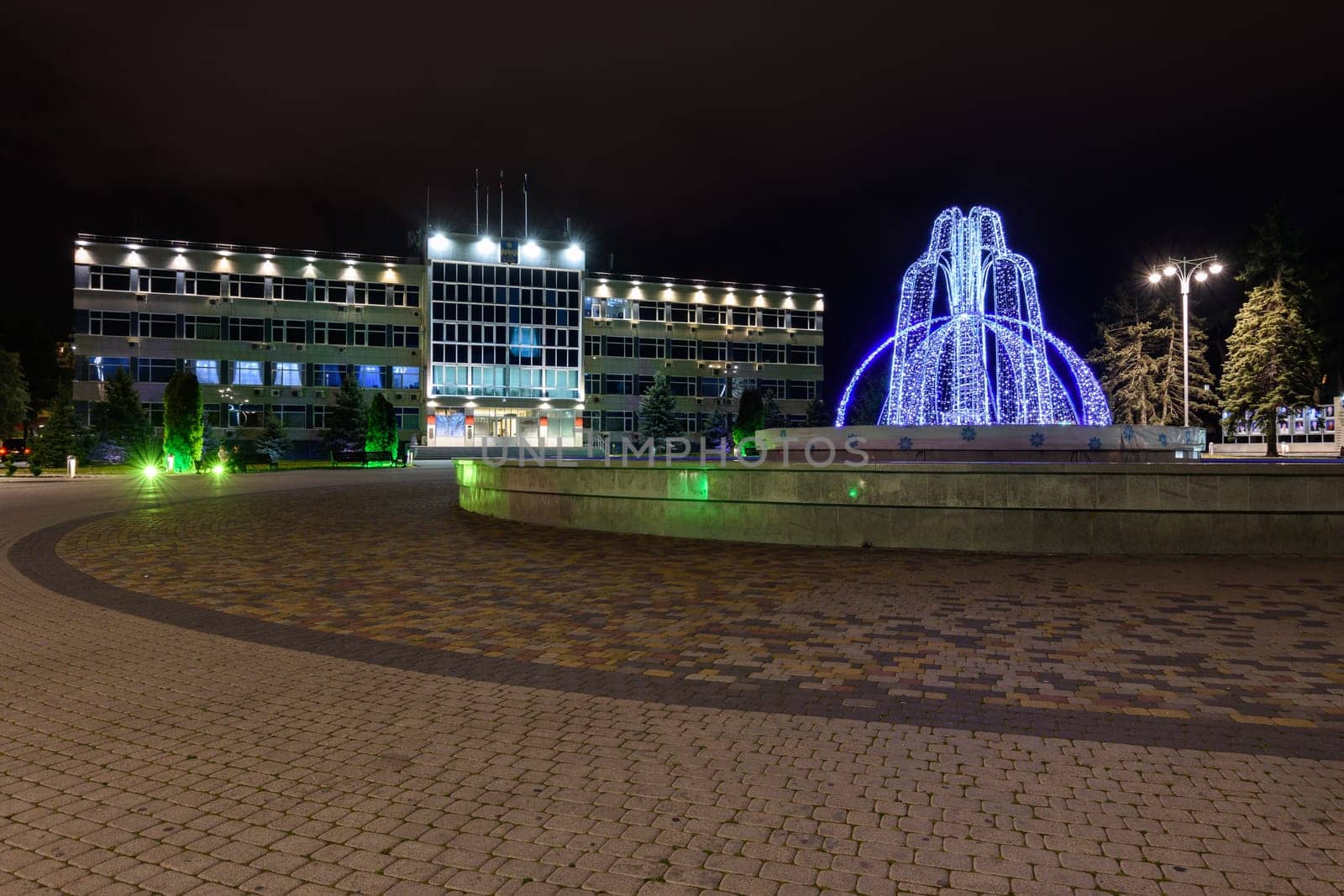 Anapa, Russia - February 28, 2020: Winter version of the fountain in the square in front of the administration of the resort city of Anapa