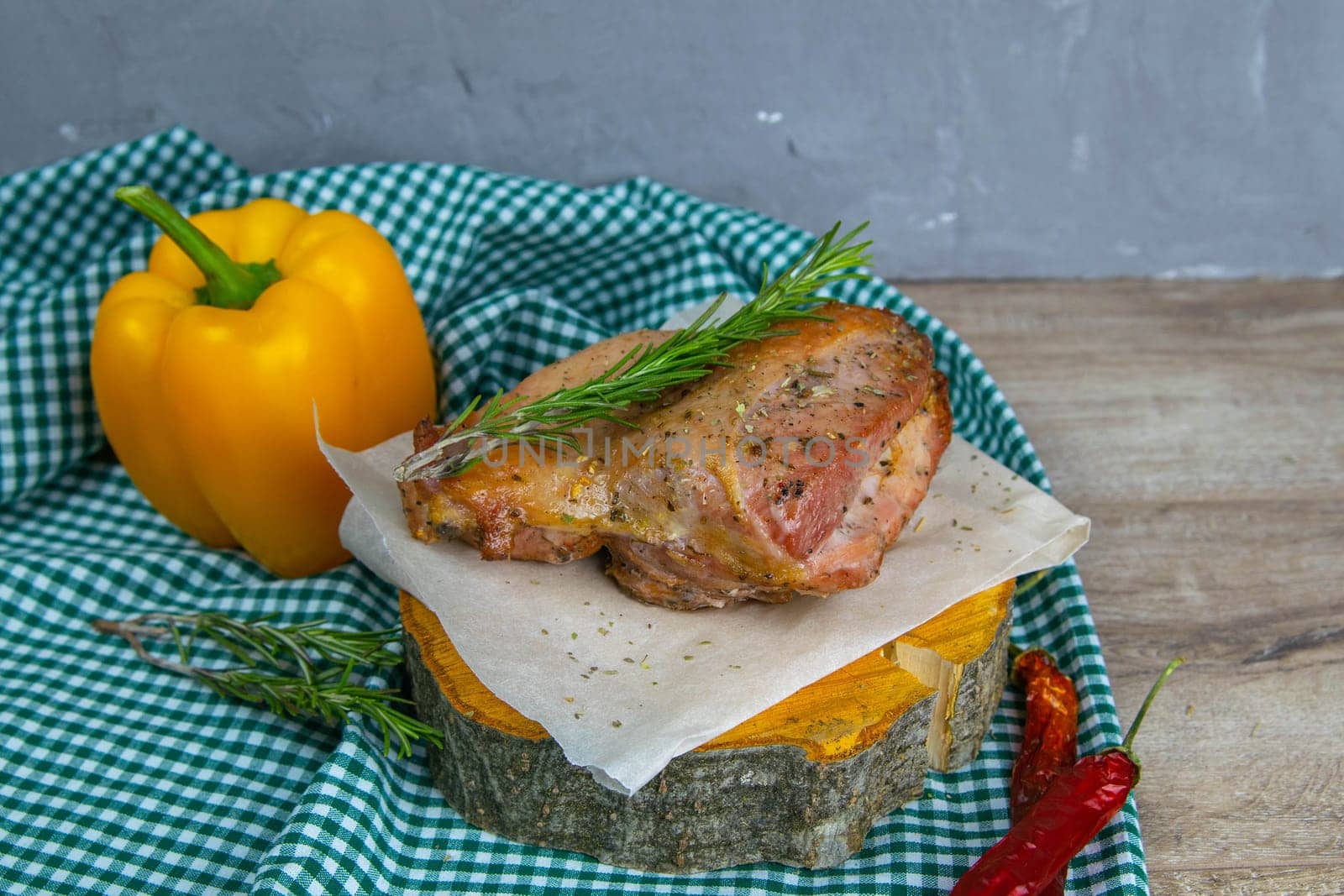 Whole roasted chicken rosemary and chilli. Baked chicken grilled barbecue delicious food on dining table at holiday celebrate.