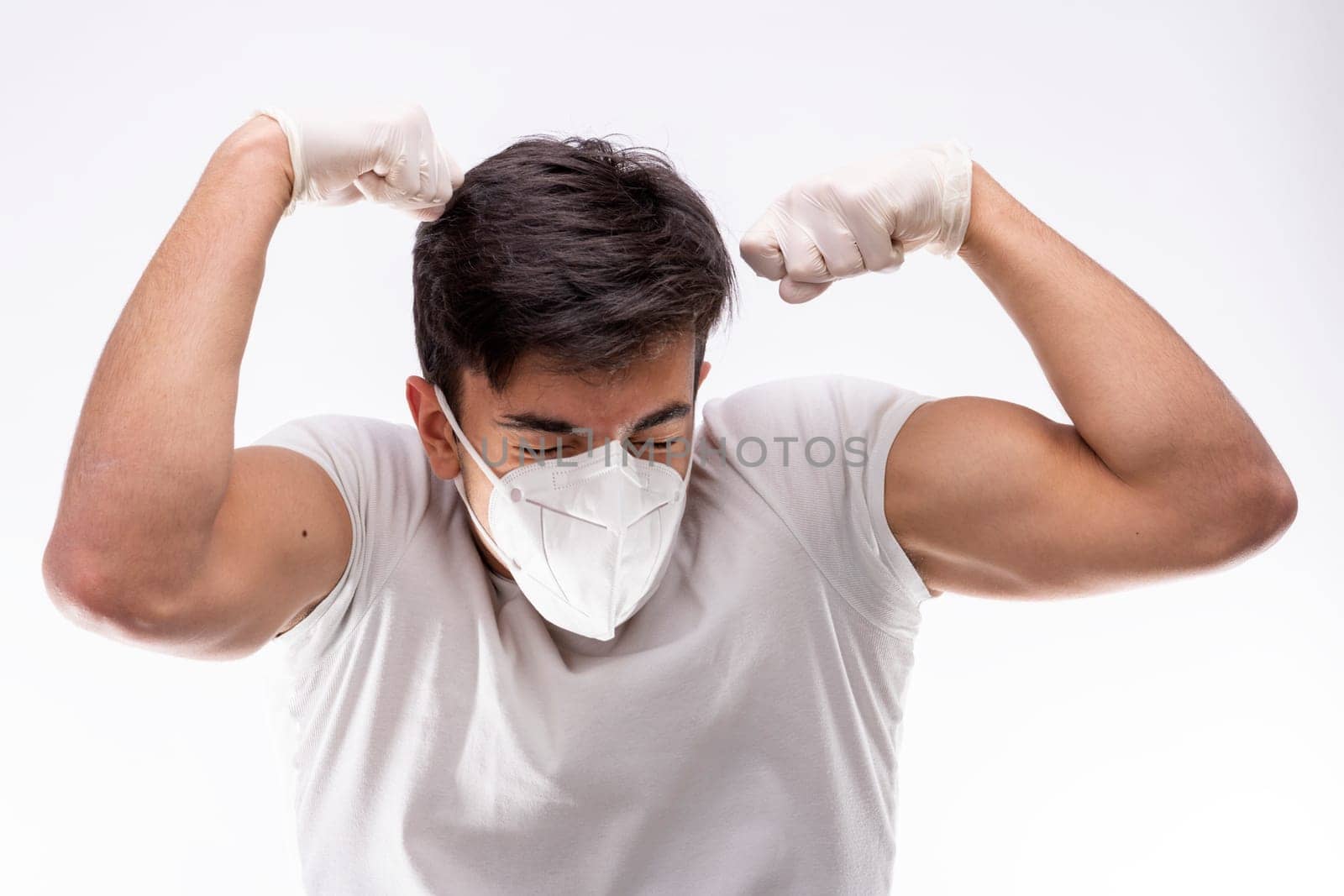 Young boy wearing surgical mask, various facial expressions, portrait, high section. White background.