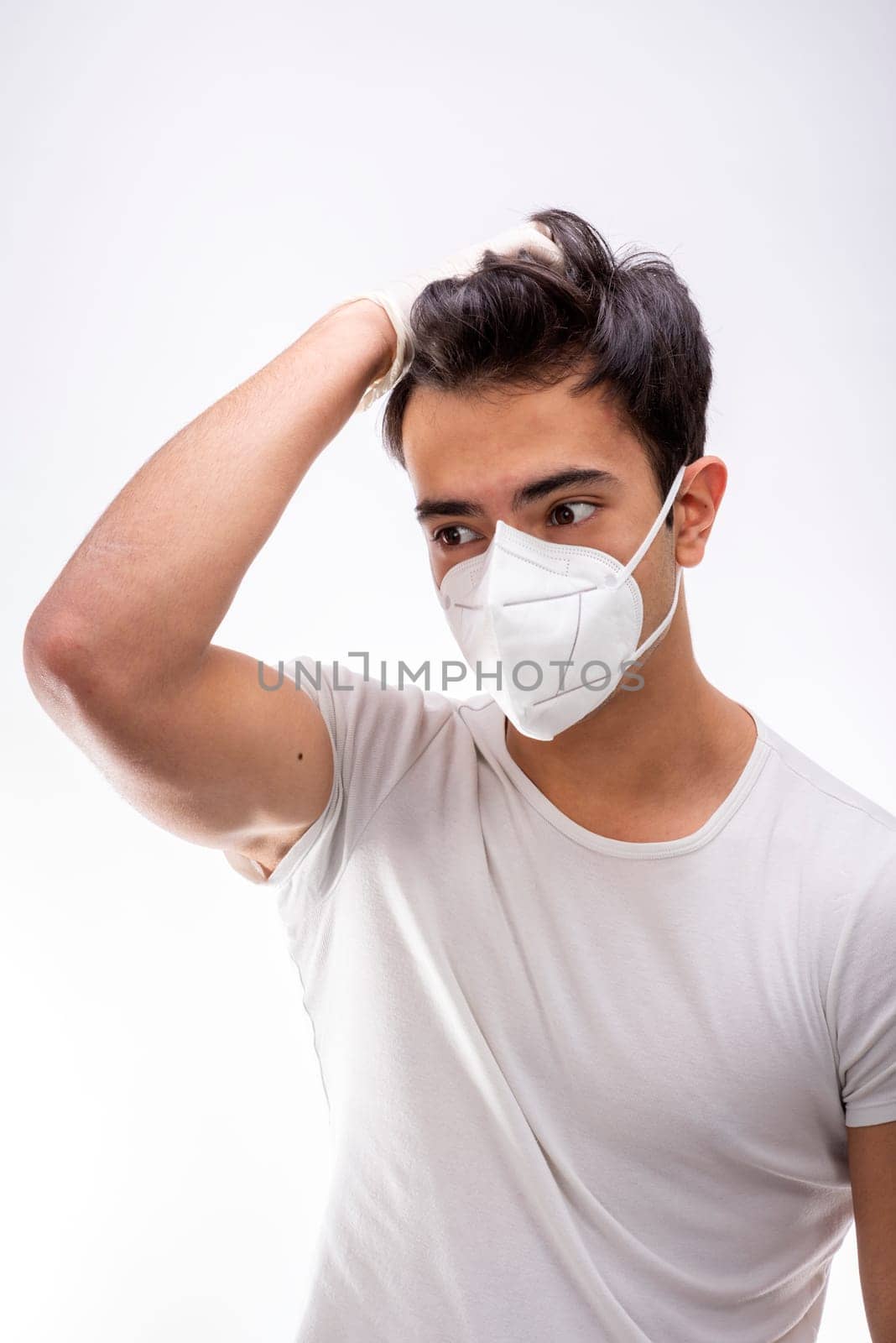 Yopung boy wearing surgical mask, various facial expressions, portrait, high section. White background.