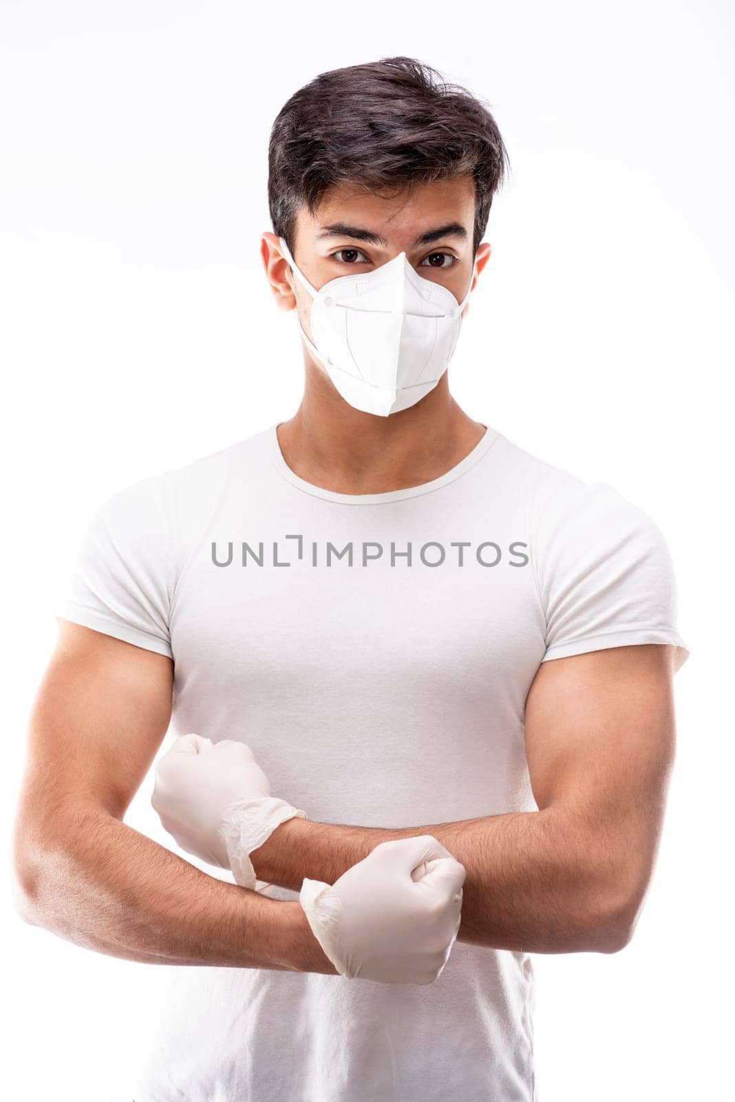 Young boy wearing surgical mask, various facial expressions, portrait, high section. White background.