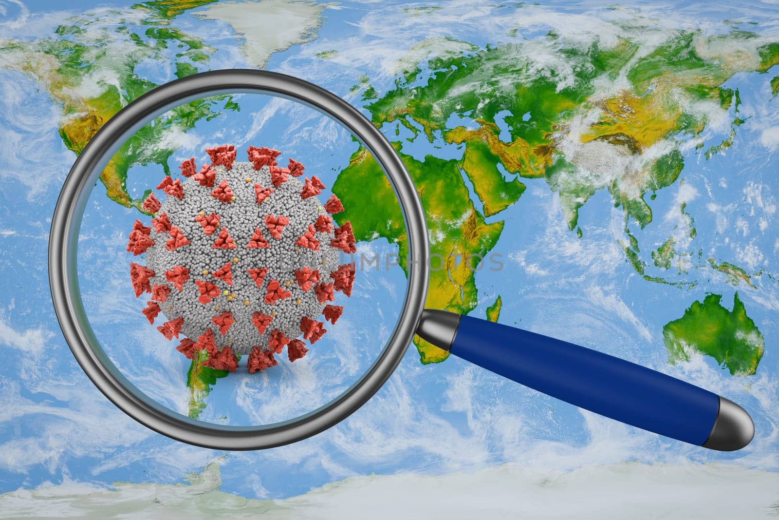 world map and a magnifying glass under which the coronovirus is located. 3d render. Elements of this image furnished by NASA.