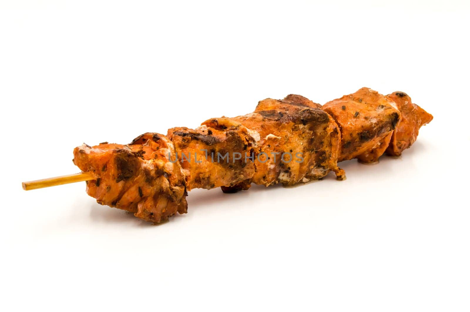 Grilled pork skewers isolated on white background, pork barbecue