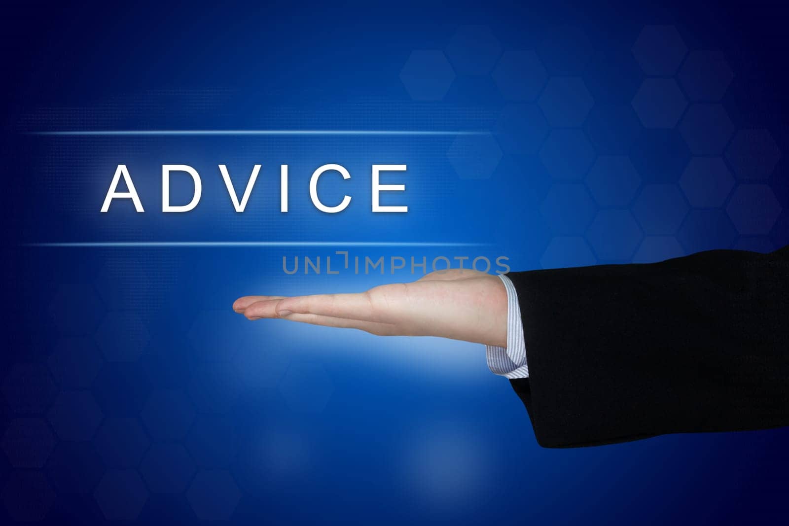 Advice button with business hand on blue background