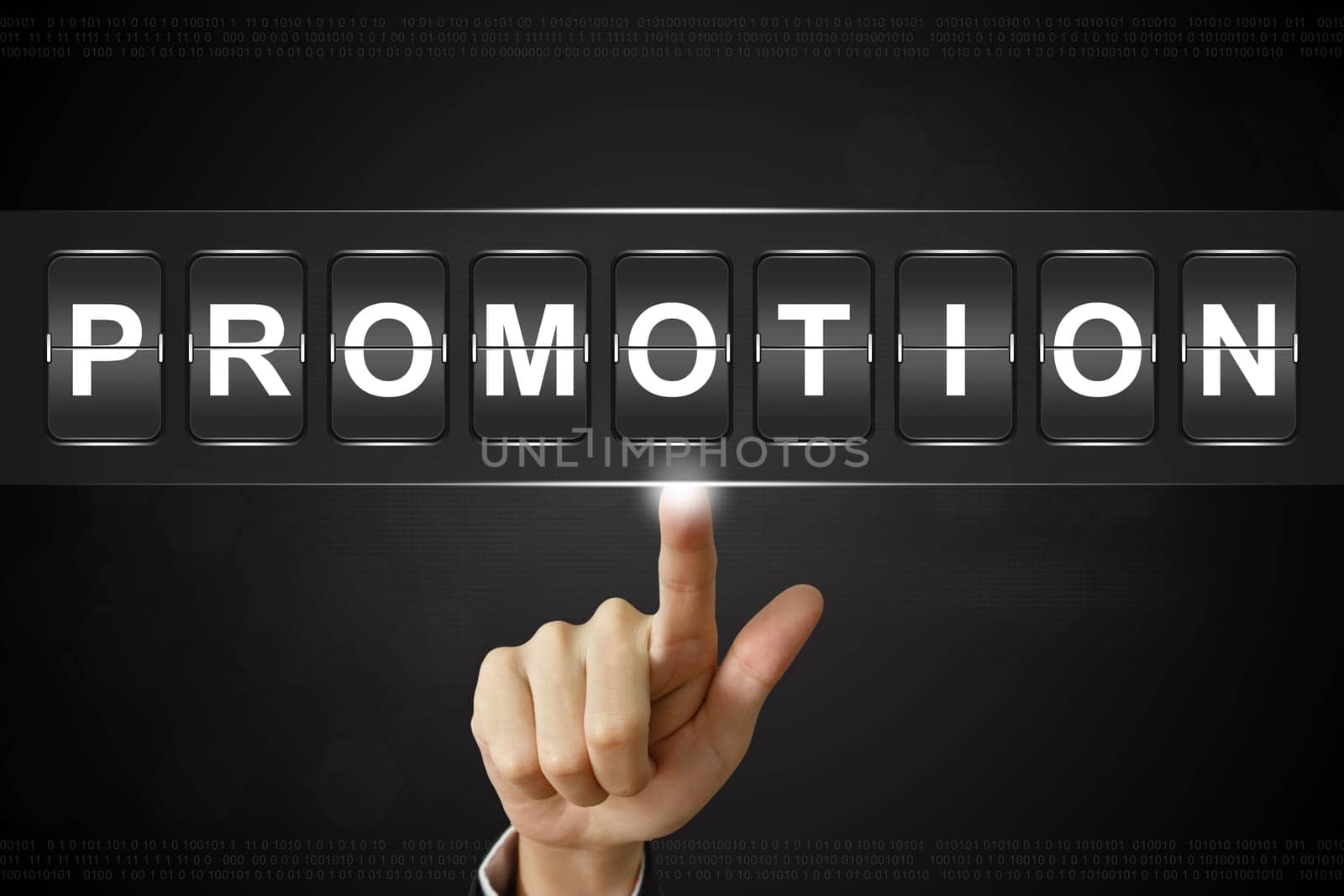 business hand pushing promotion on Flipboard Display