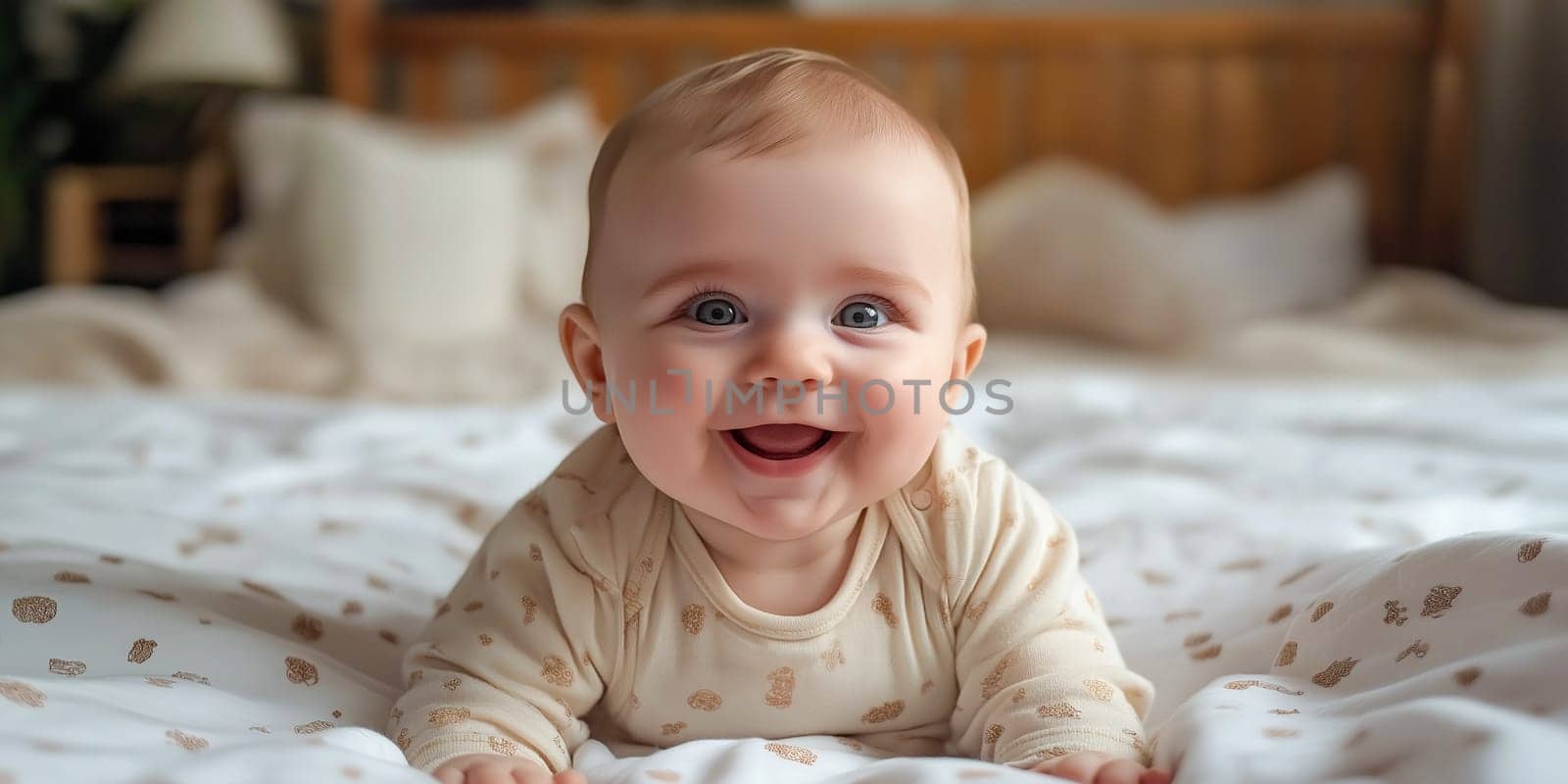 Baby, lying on a bed, smiles happily. Joyful expression.