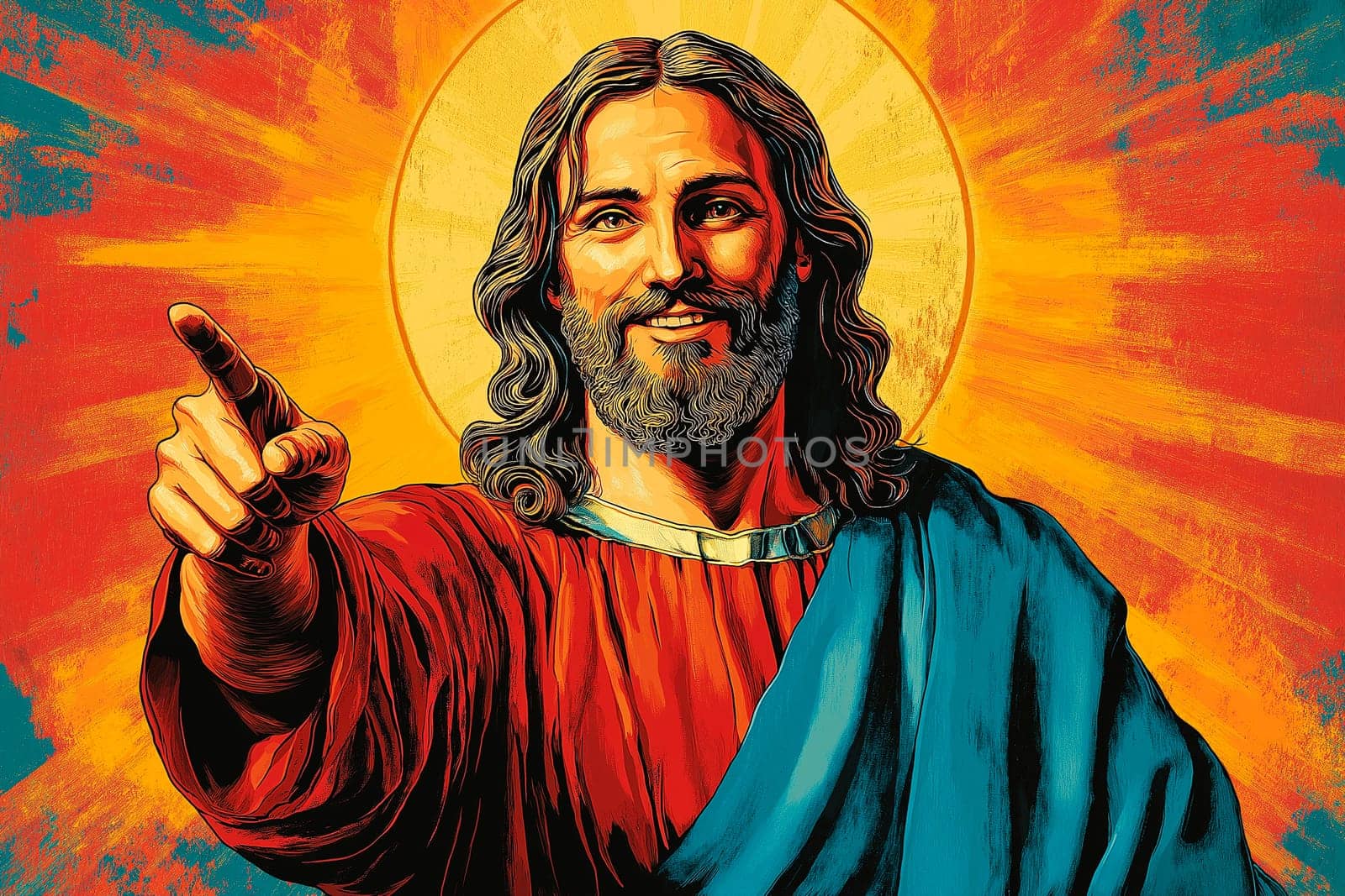 Jesus, depicted in a vibrant style, points with a commanding gesture. The image's bold colors and artistic style suggest a powerful message.