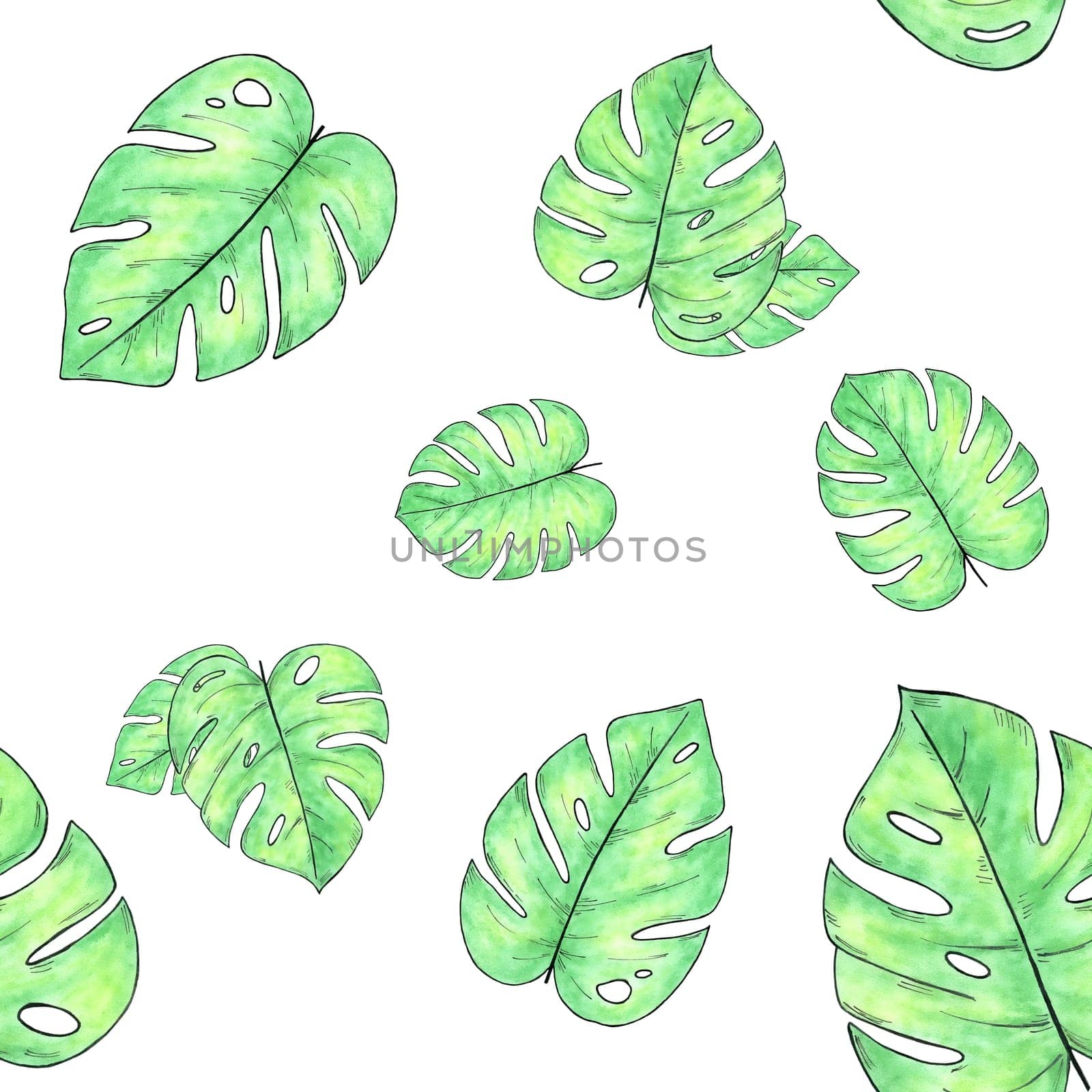 Watercolor hand drawn seamless pattern with monstera leaves