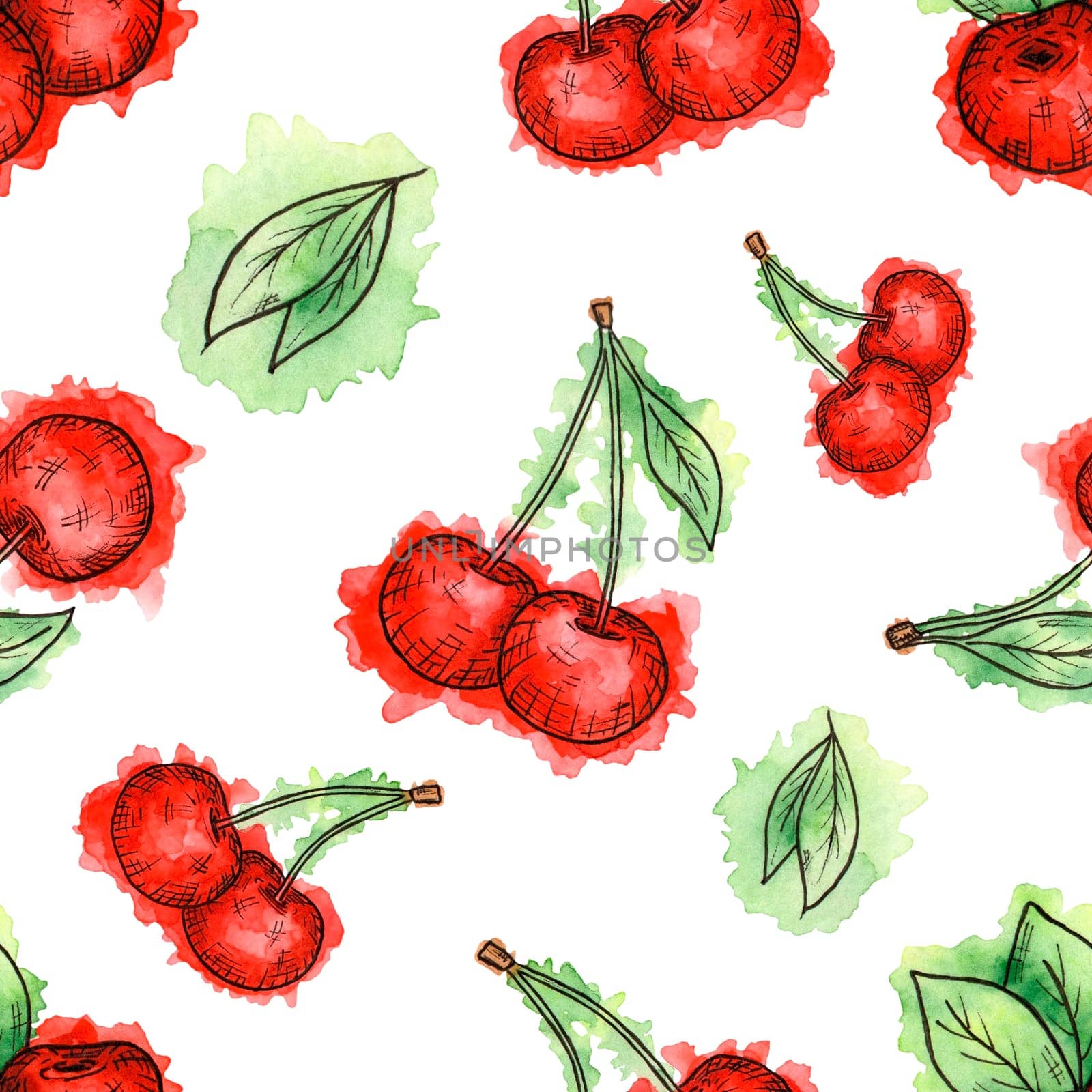 Seamless pattern of cherries painted in watercolor on white background. Hand drawn berriess. Colorful sketch