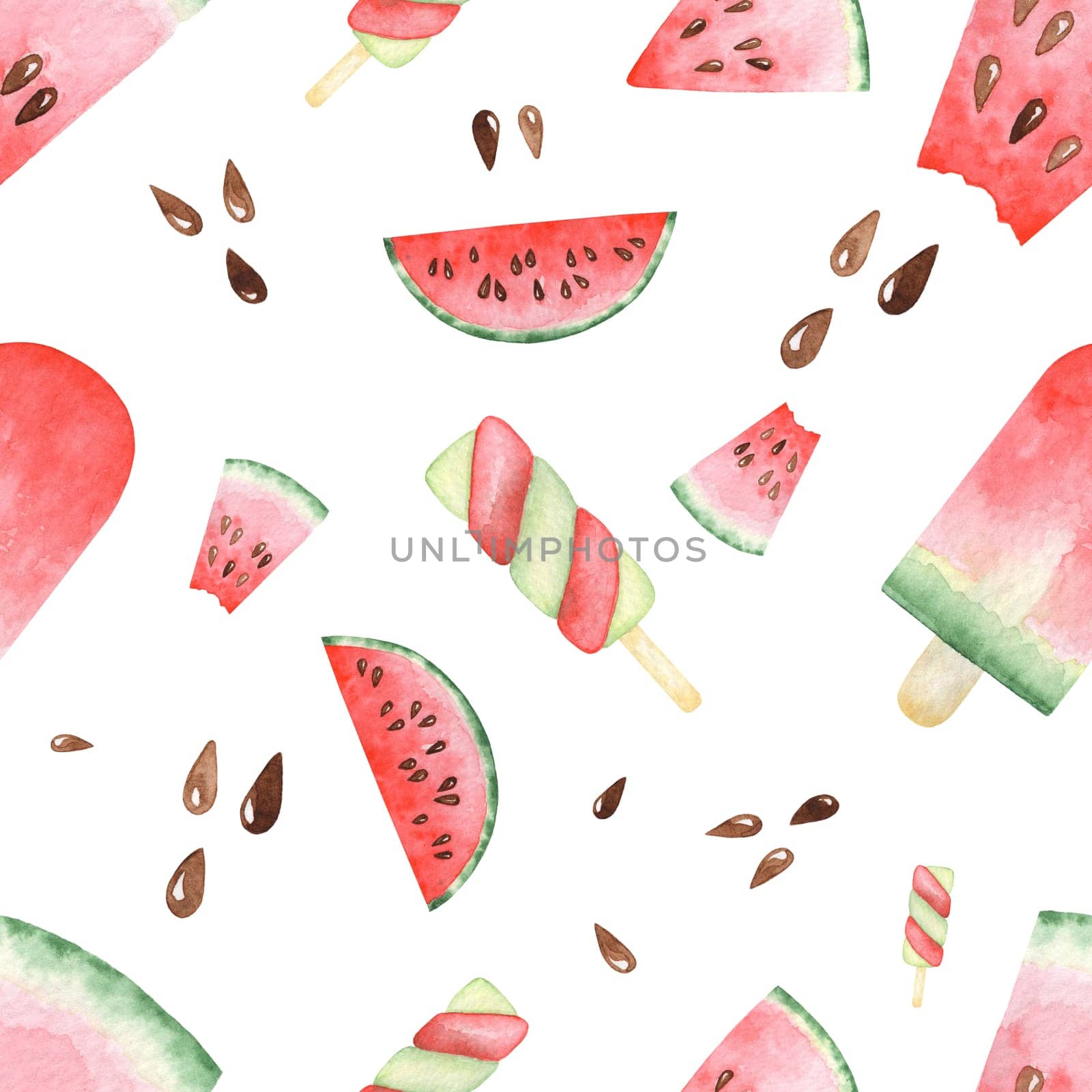 Seamless pattern of Watercolor set with watermelon slices, popsicles. Raster hand drawn elements