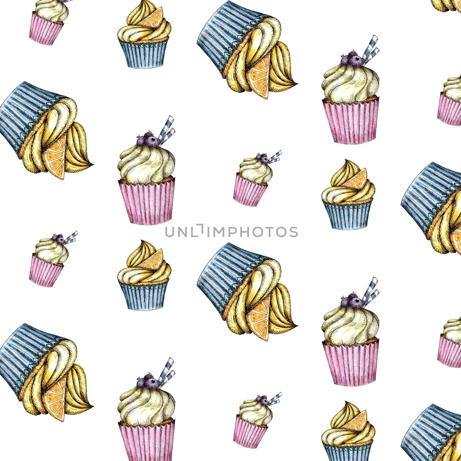Seamless pattern of Colorful cupcakes with cream and berries. Watercolor hand drawing isolated on a white background