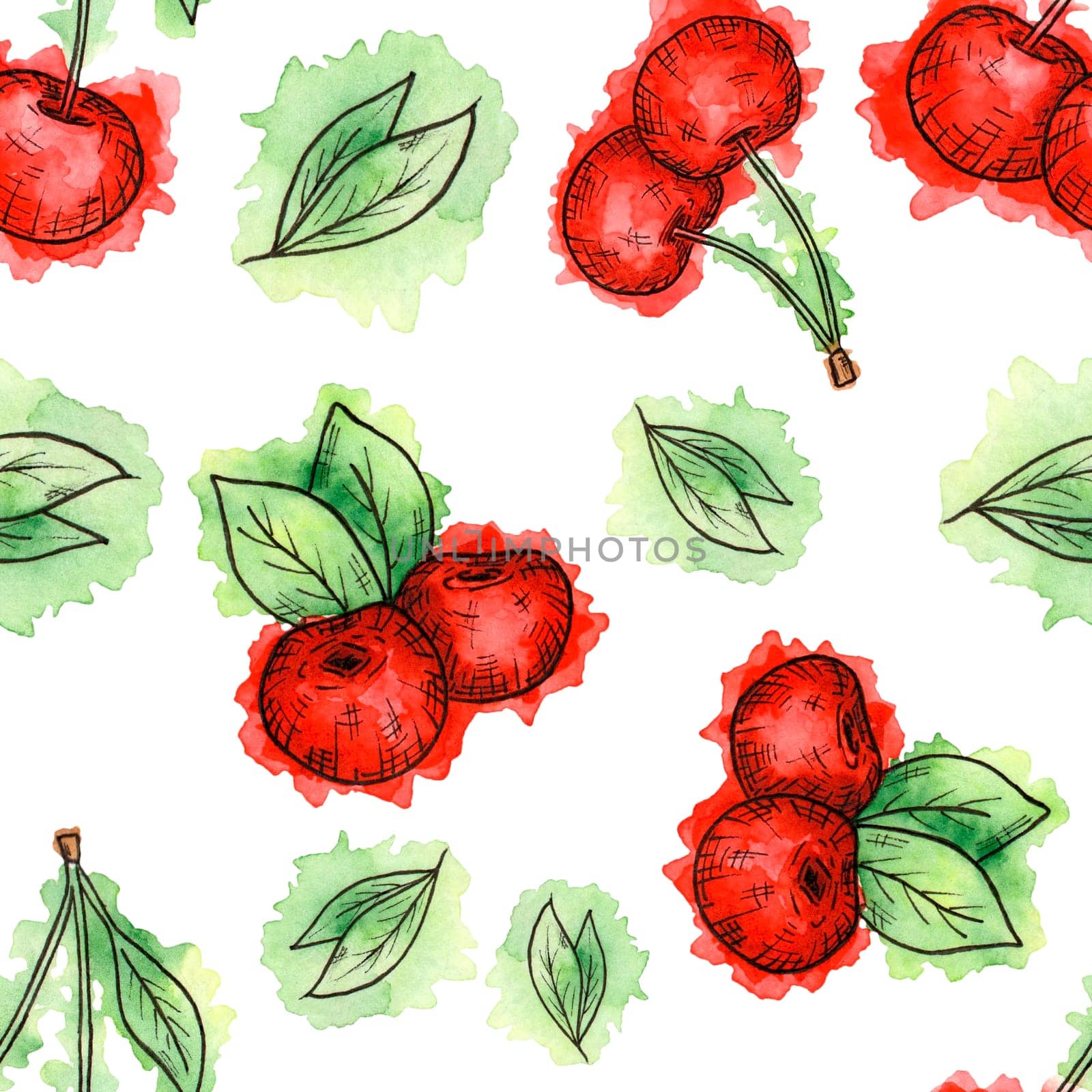 Seamless pattern of cherries painted in watercolor on white background. Hand drawn berriess. Colorful sketch