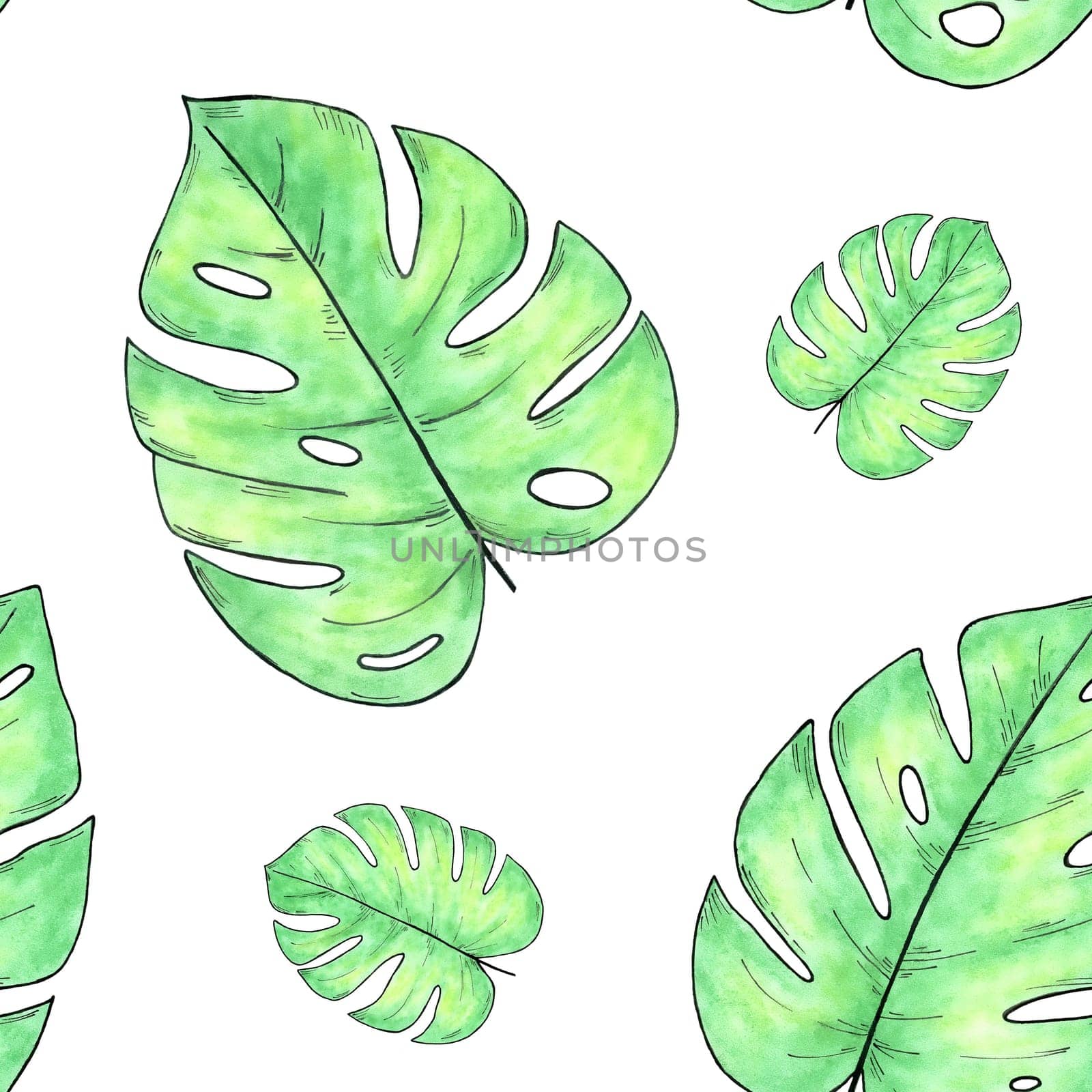 Watercolor hand drawn seamless pattern with monstera leaves