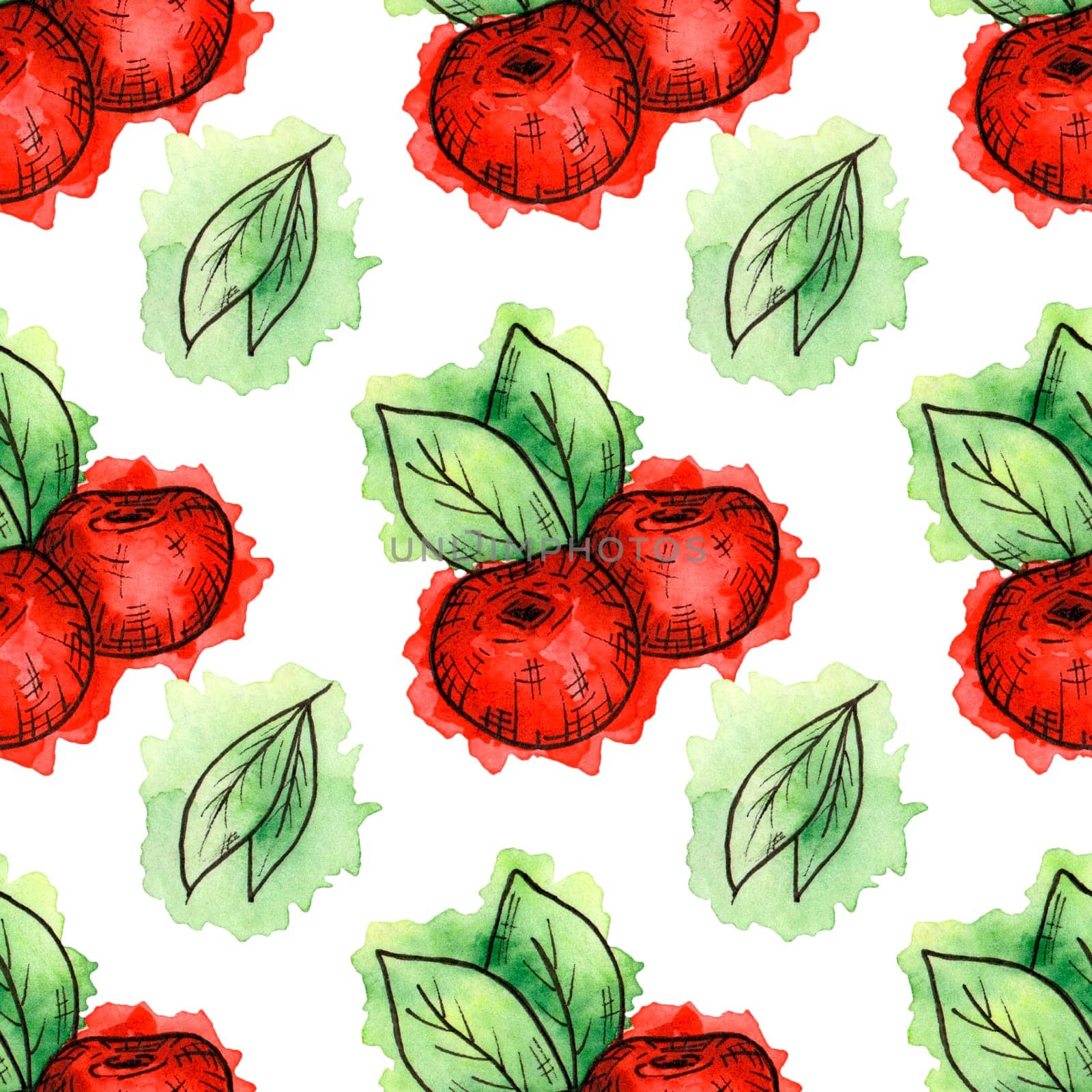 Seamless pattern of cherries painted in watercolor on white background. Hand drawn berriess. Colorful sketch