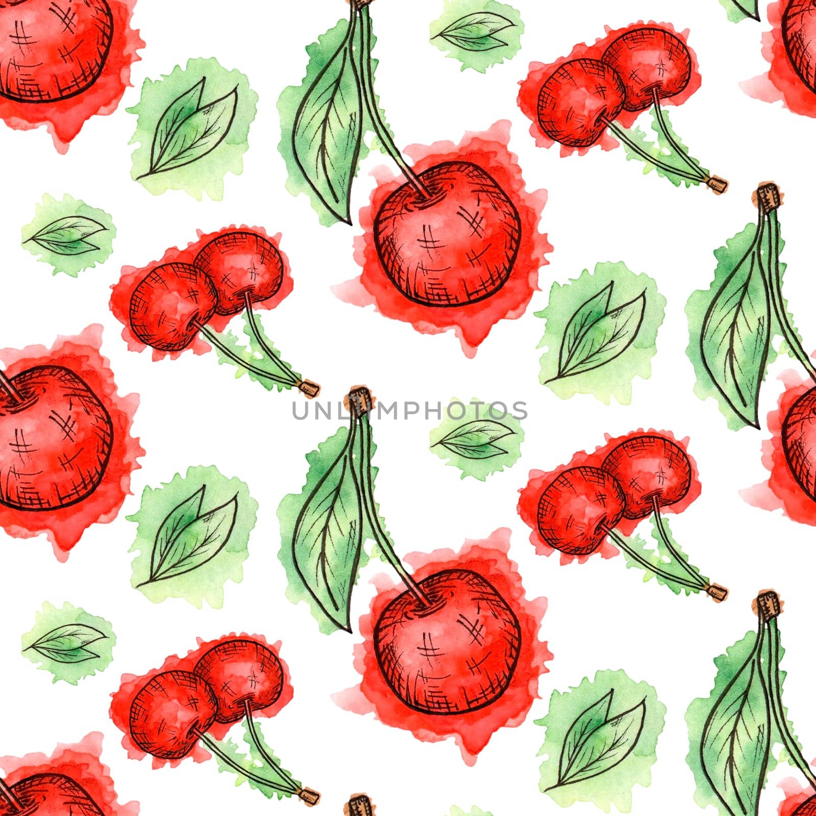 Seamless pattern of cherries painted in watercolor on white background. Hand drawn berriess. Colorful sketch