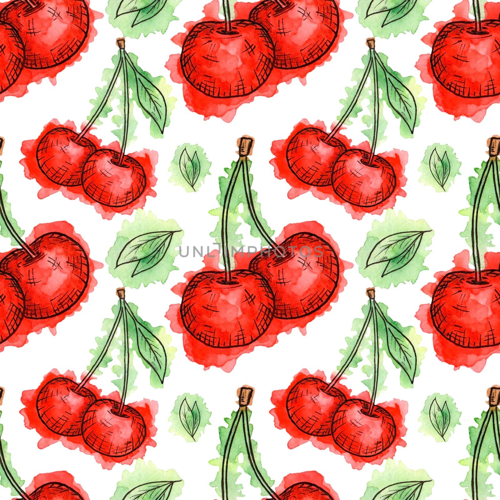 Seamless pattern of cherries painted in watercolor on white background. Hand drawn berriess. Colorful sketch