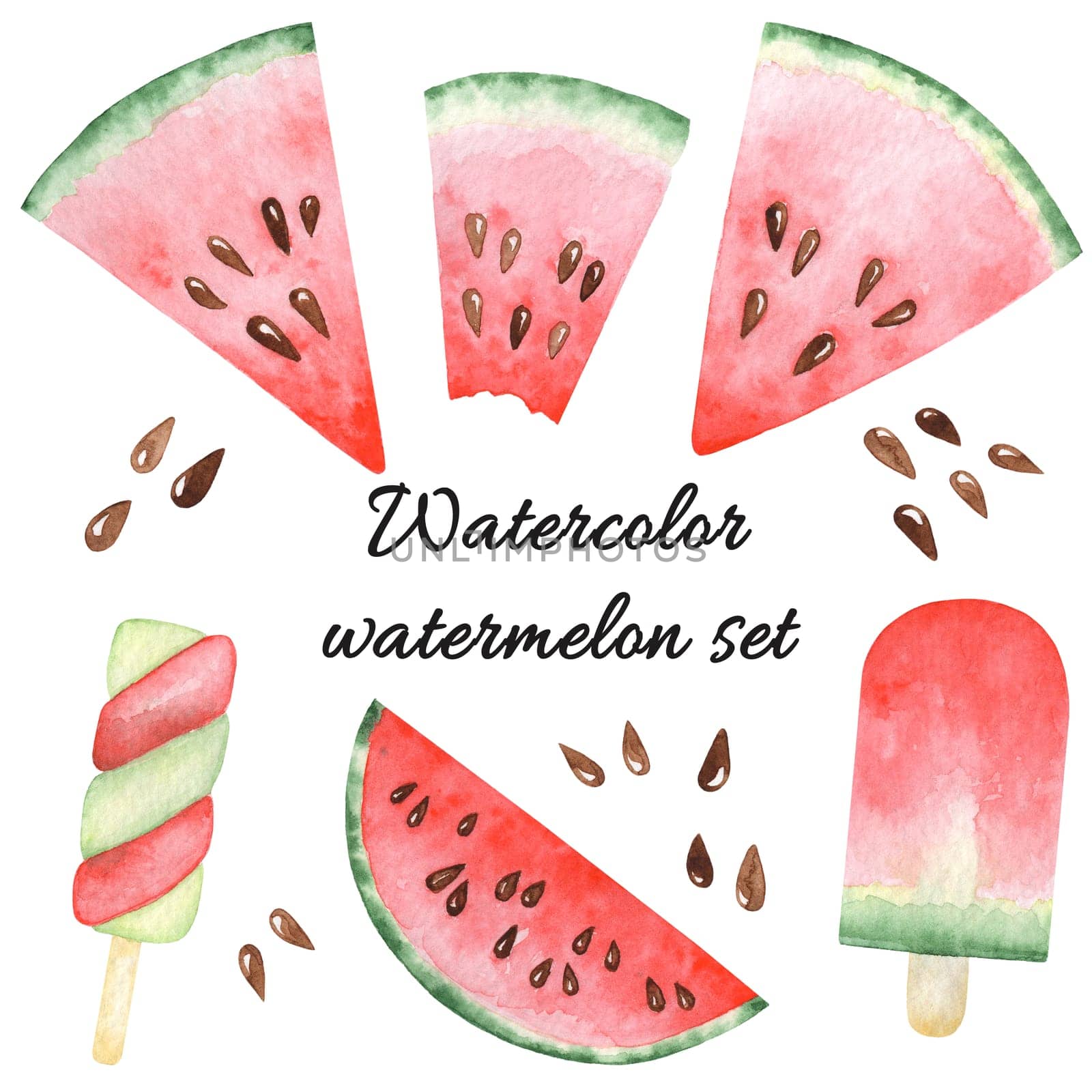 Watercolor set with watermelon slices, popsicles. Raster hand drawn elements isolated on white.