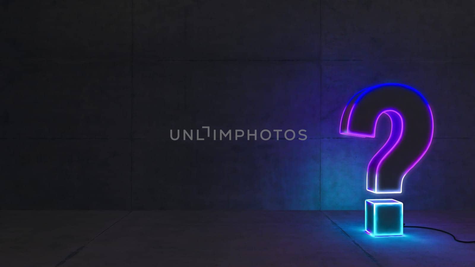 Blue and purple gradient neon light question mark with concrete wall 3D rendering