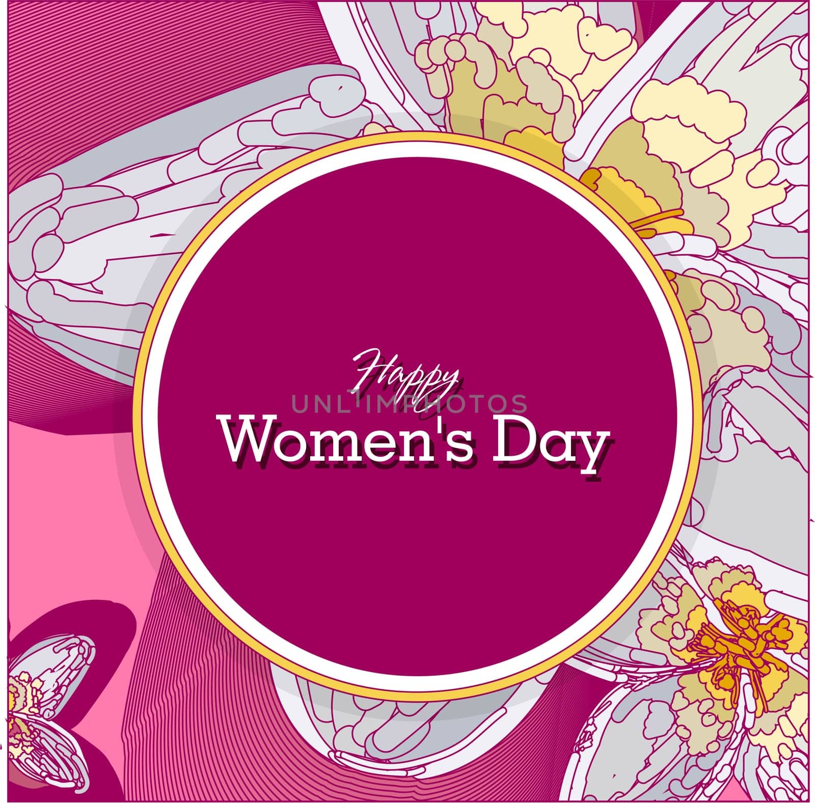 March 8 pink floral greeting card. International Happy Women's Day. Paper cut flower blue holiday background with square frame and space for text. Trendy design template. Vector illustration