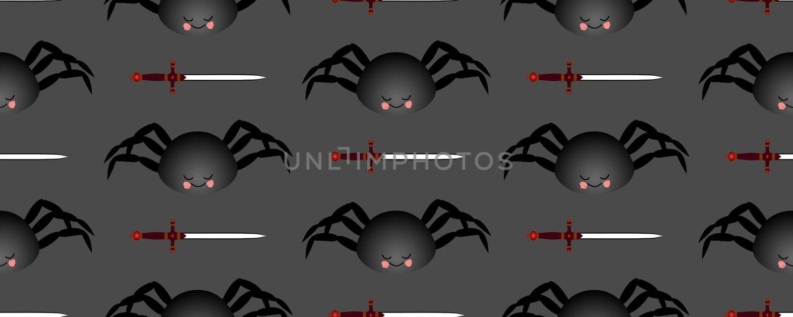 Black spider pattern. Mch on a dark background. Seamless pattern for textile and fabric design.