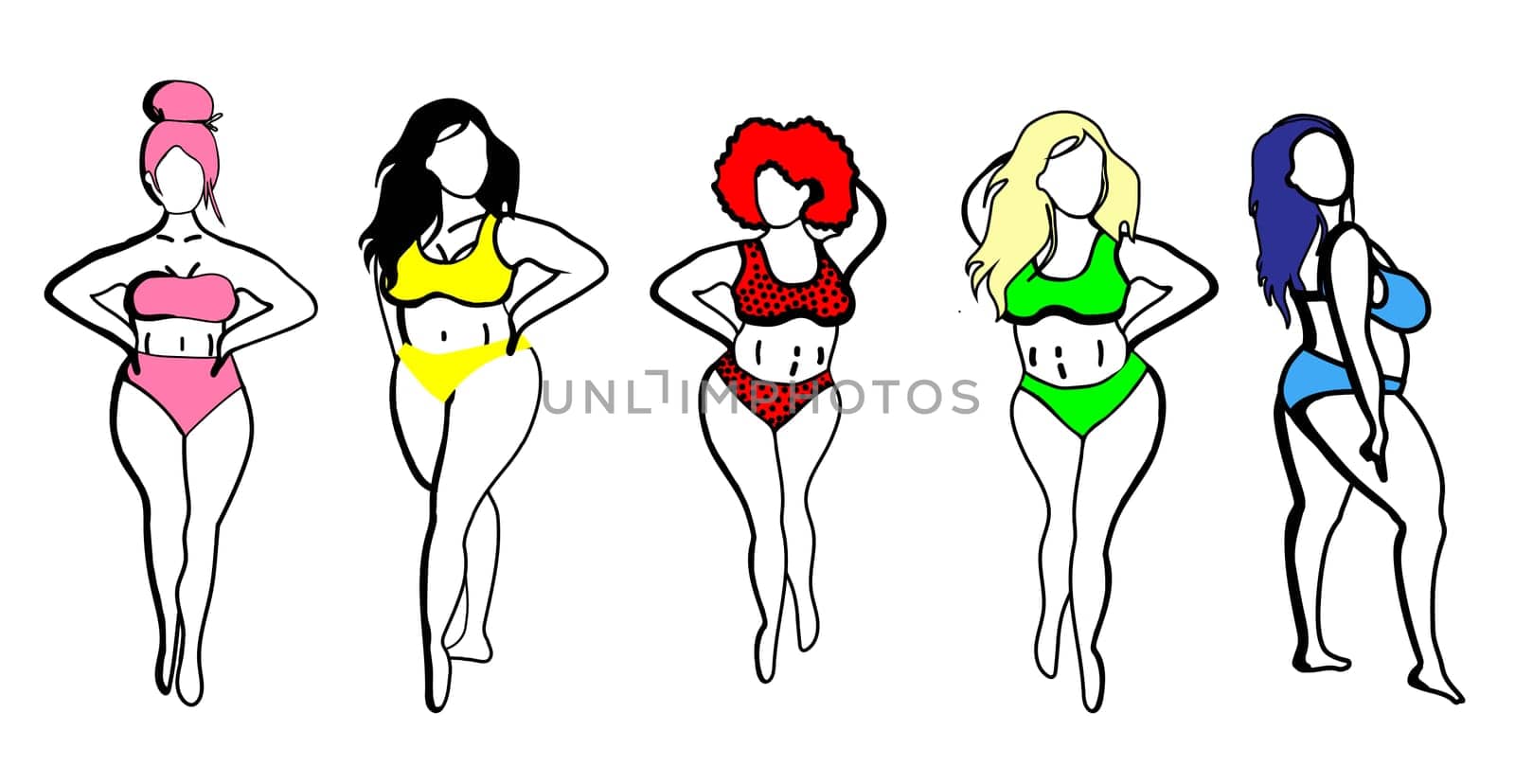 Women with different skin colors. Afroamer Ikan, European, Asian, Scandinavian. Body positive concept. Any body is beautiful. Motivational inscription. Women in swimsuits isolated on a white backgroun