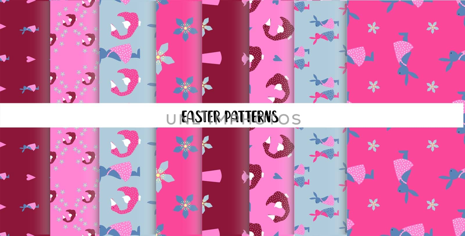EASTER SEAMLESS PATTERNS. set of abstract vector paper with decorative flowers, shapes and symbols of easter day