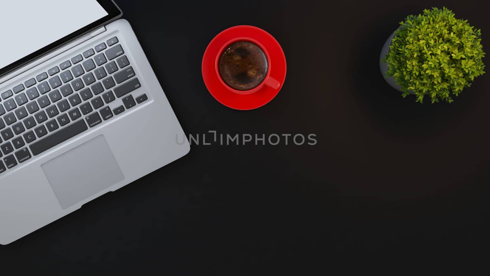 Laptop and red cup and small plant on black desk background 3D rendering
