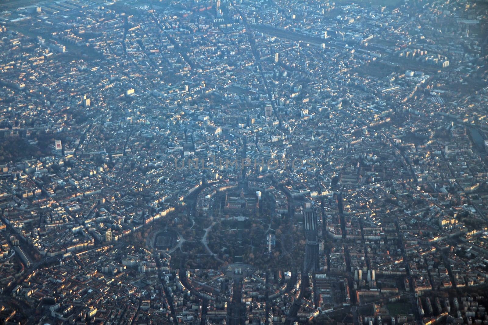 Aerial view of Milan city center from a flight