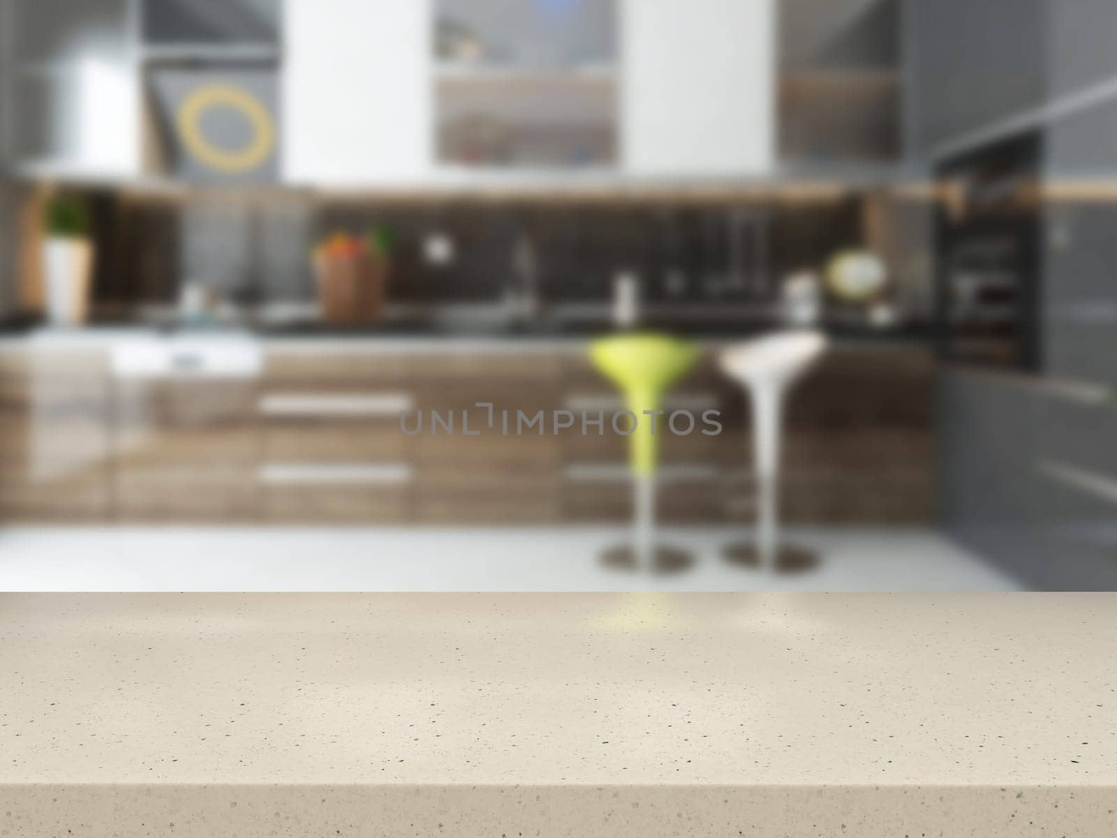 empty white stone desk with blurred kitchen background available in high-resolution 3d rendering needs of your project for montage product
