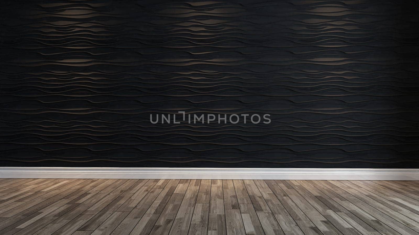 empty black wave wall with spot light and parquet design idea